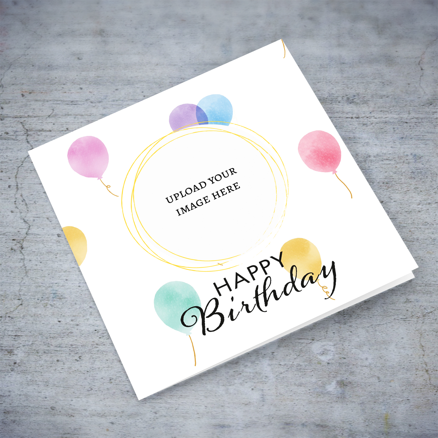 Cute balloon themed photo card in light pastel colours and white background in English