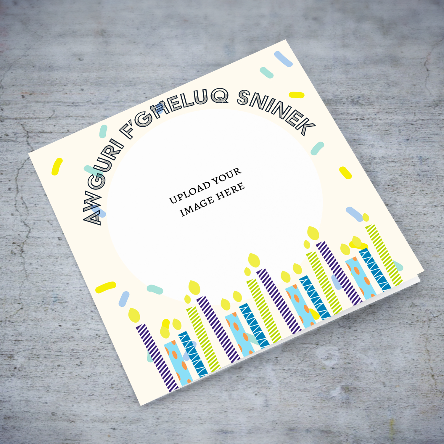 An open colourful candle themed birthday photo card in Maltese
