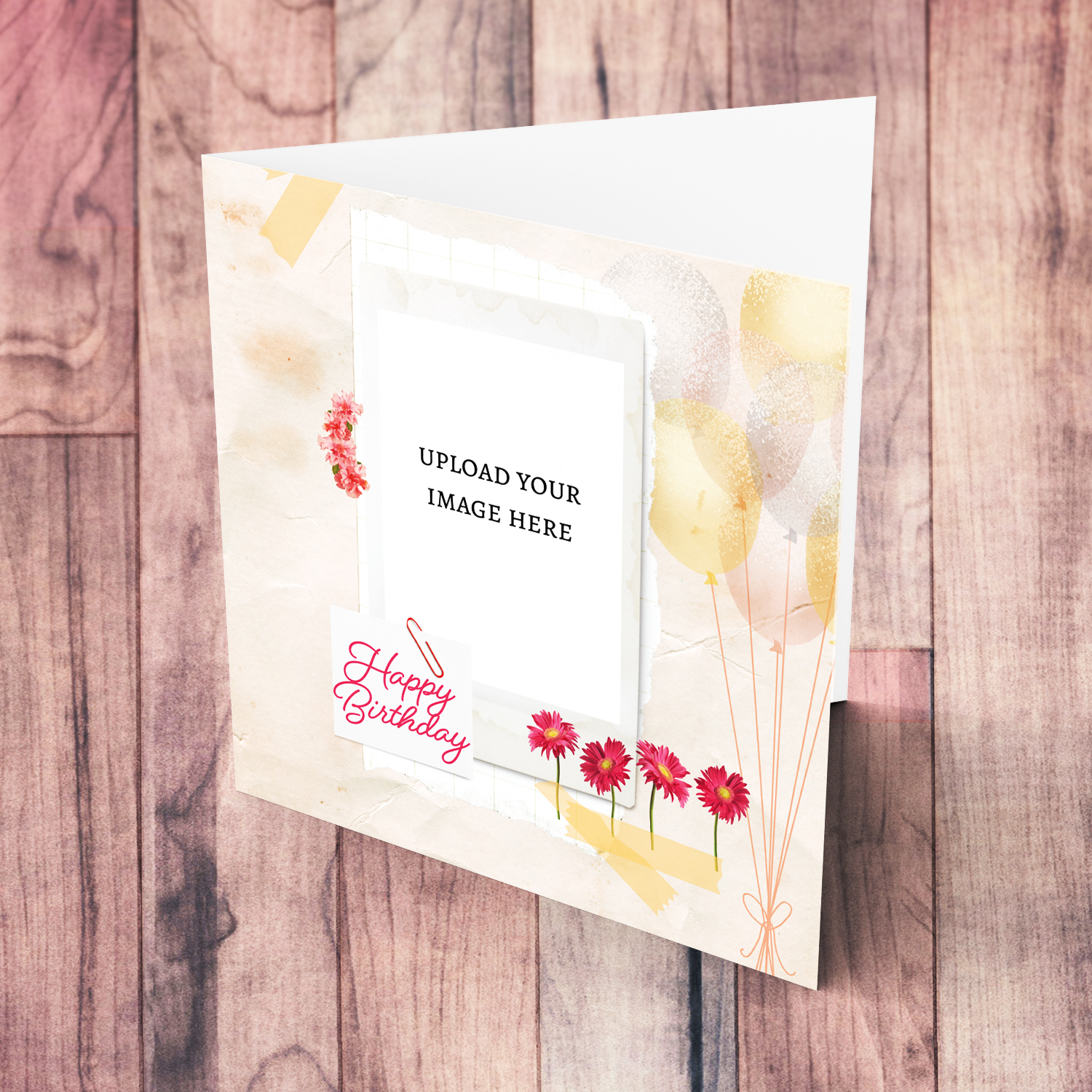 A n open beautiful birthday photo card with balloons and pink flowers in English