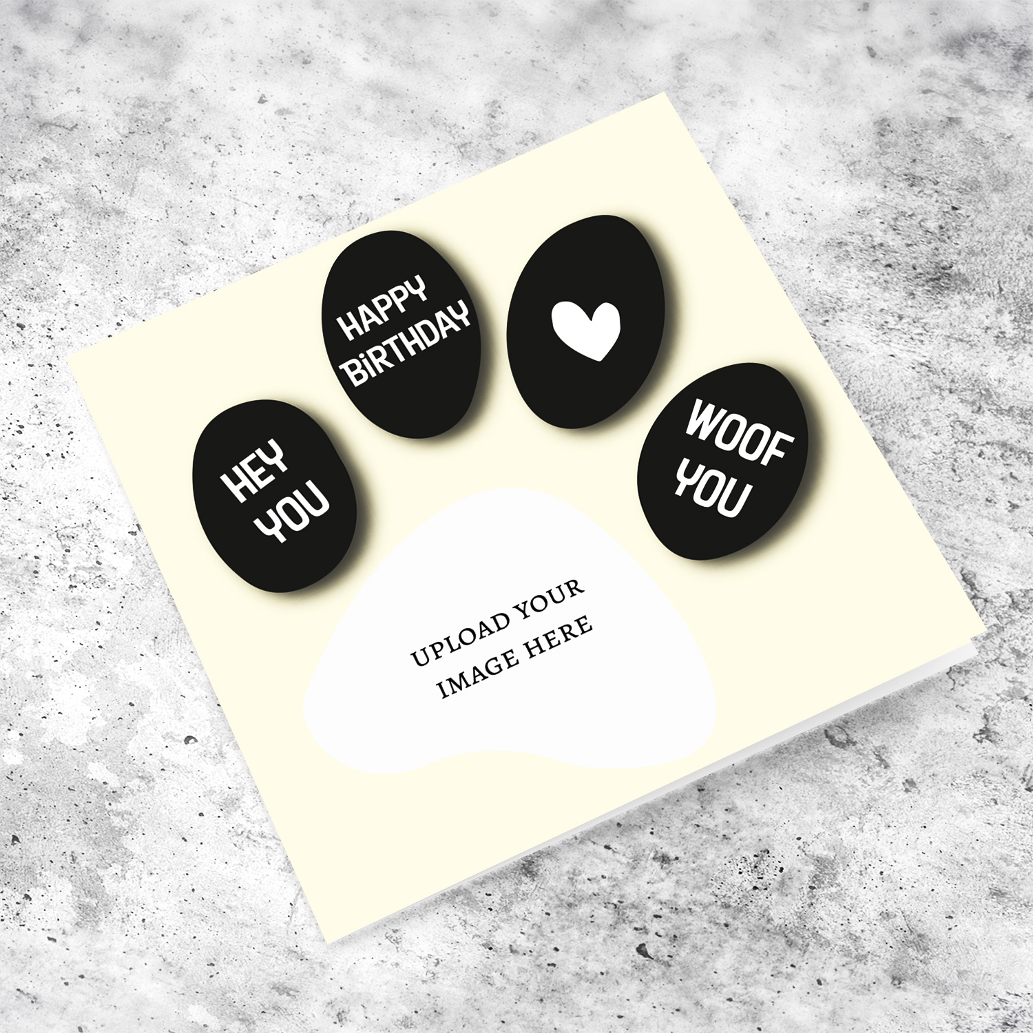 A cute paw themed photo birthday day card in black paw print in English 