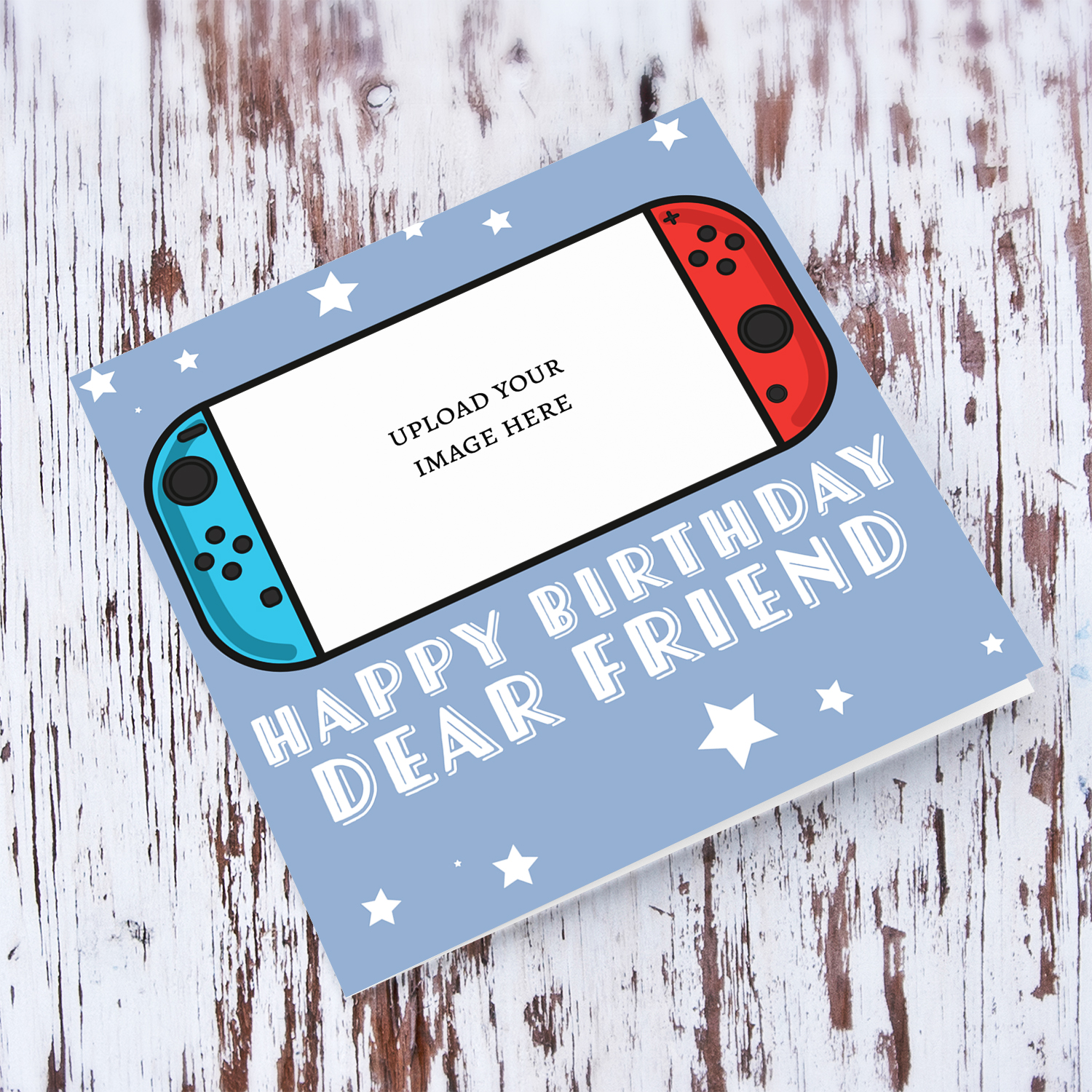 A photo birthday card for a dear friend featuring a nintendo cartoon design, in a light blue background with scattered white stars in English