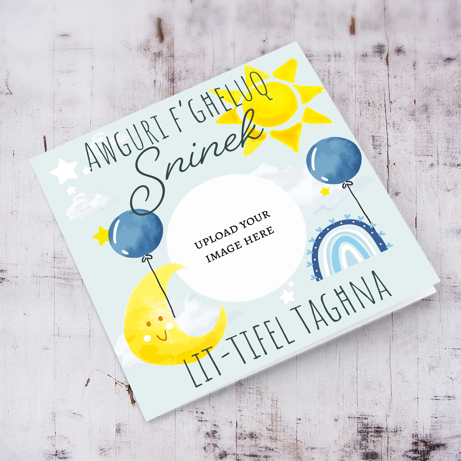 Circle shaped photo birthday card for son with the moon, sun, blue balloons & rainbow in Maltese