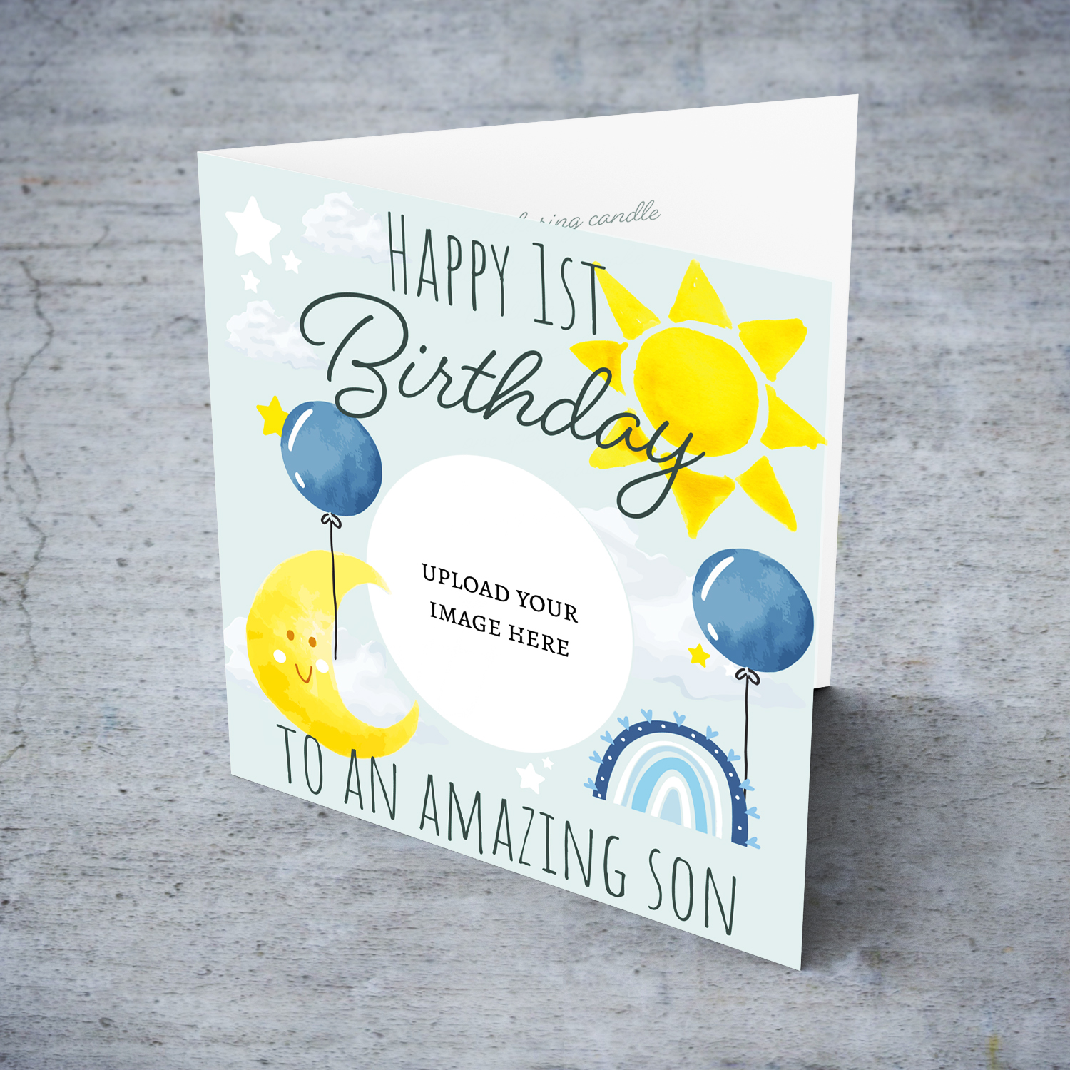 Circle shaped photo 1st birthday card for son with the moon, sun, blue balloons & rainbow in English