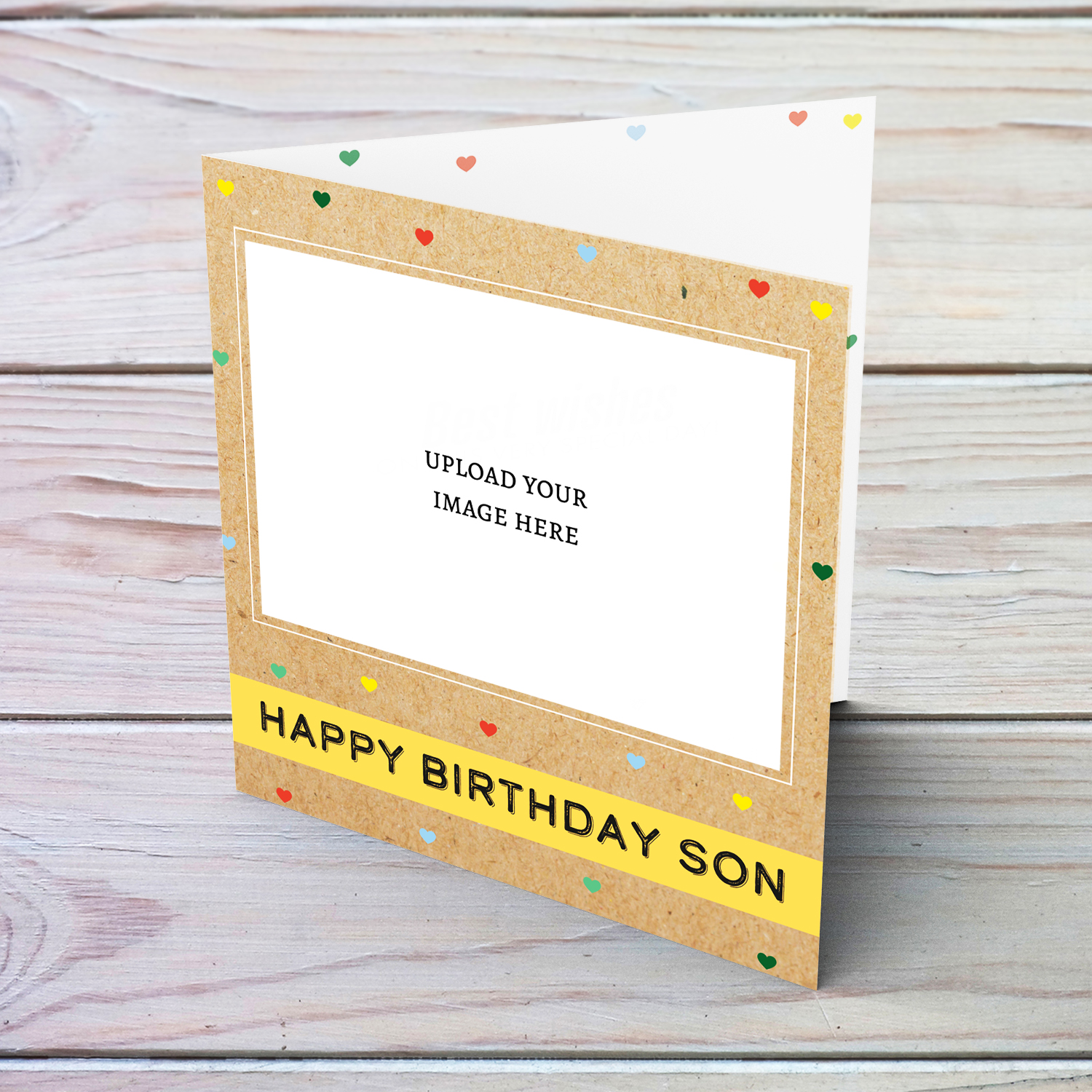 Photo birthday card for Son with colourful scattered hearts in English