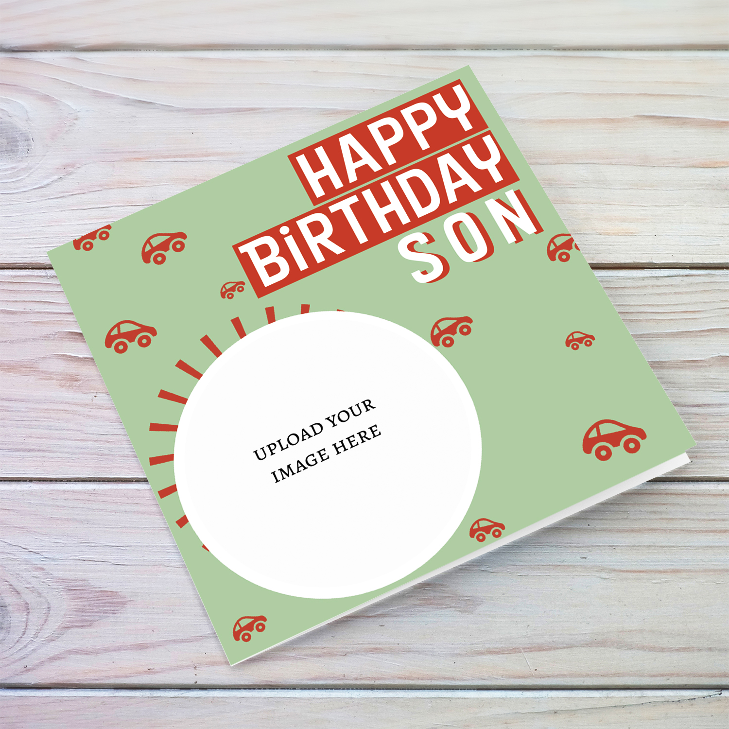Happy Birthday Son circle photo card in green background with scattered cars in English
