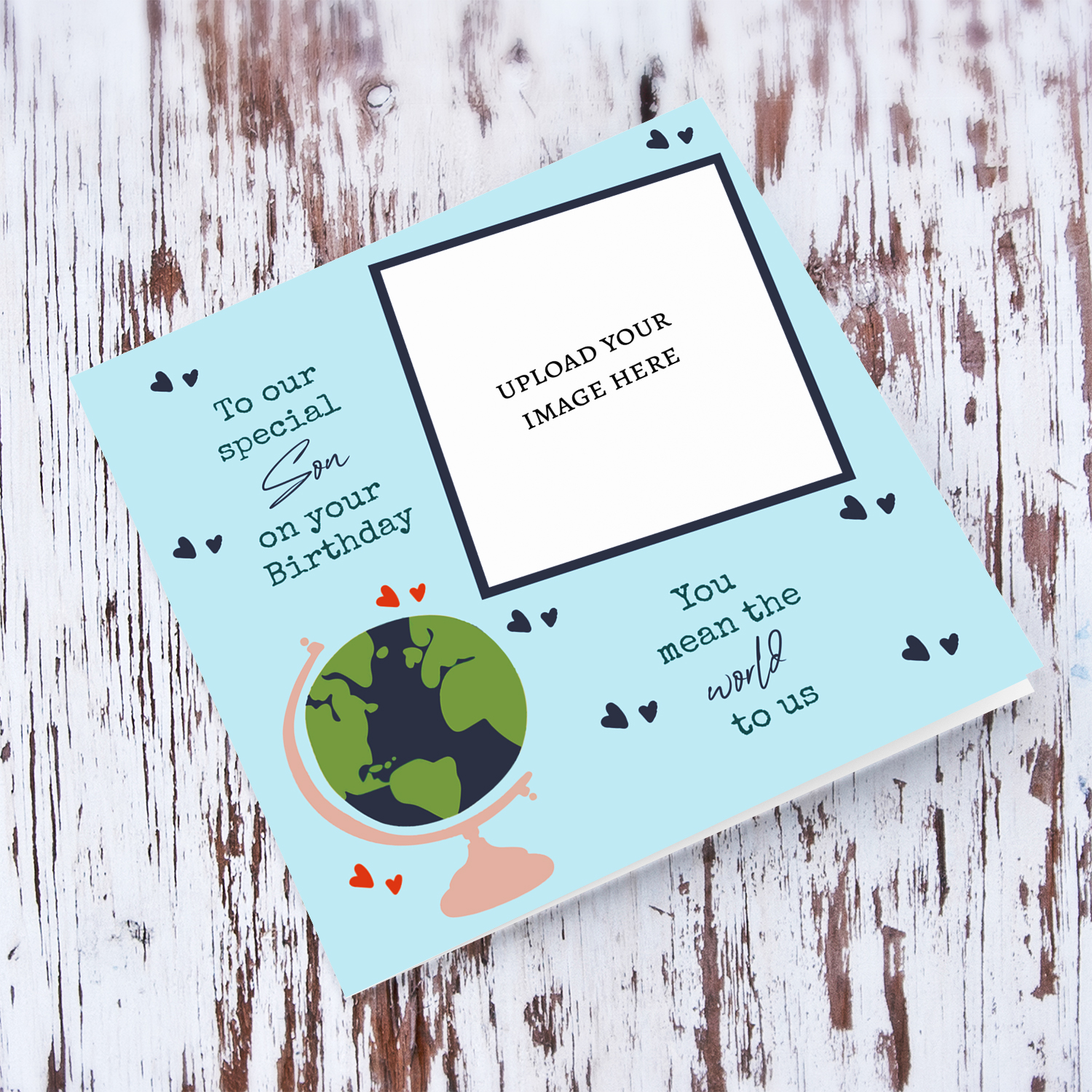 A light blue background photo card for Son - You mean the world to us - with scattered hearts and a globe in English