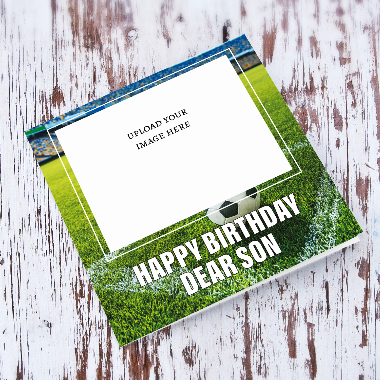 Football ground themed photo birthday card for Son in English