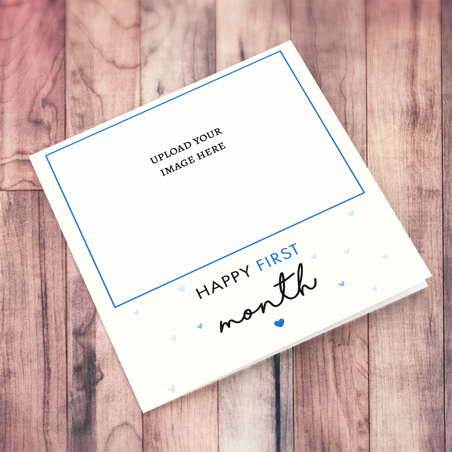 Celebrating baby's first month photo card with blue hearts in English (blank message)