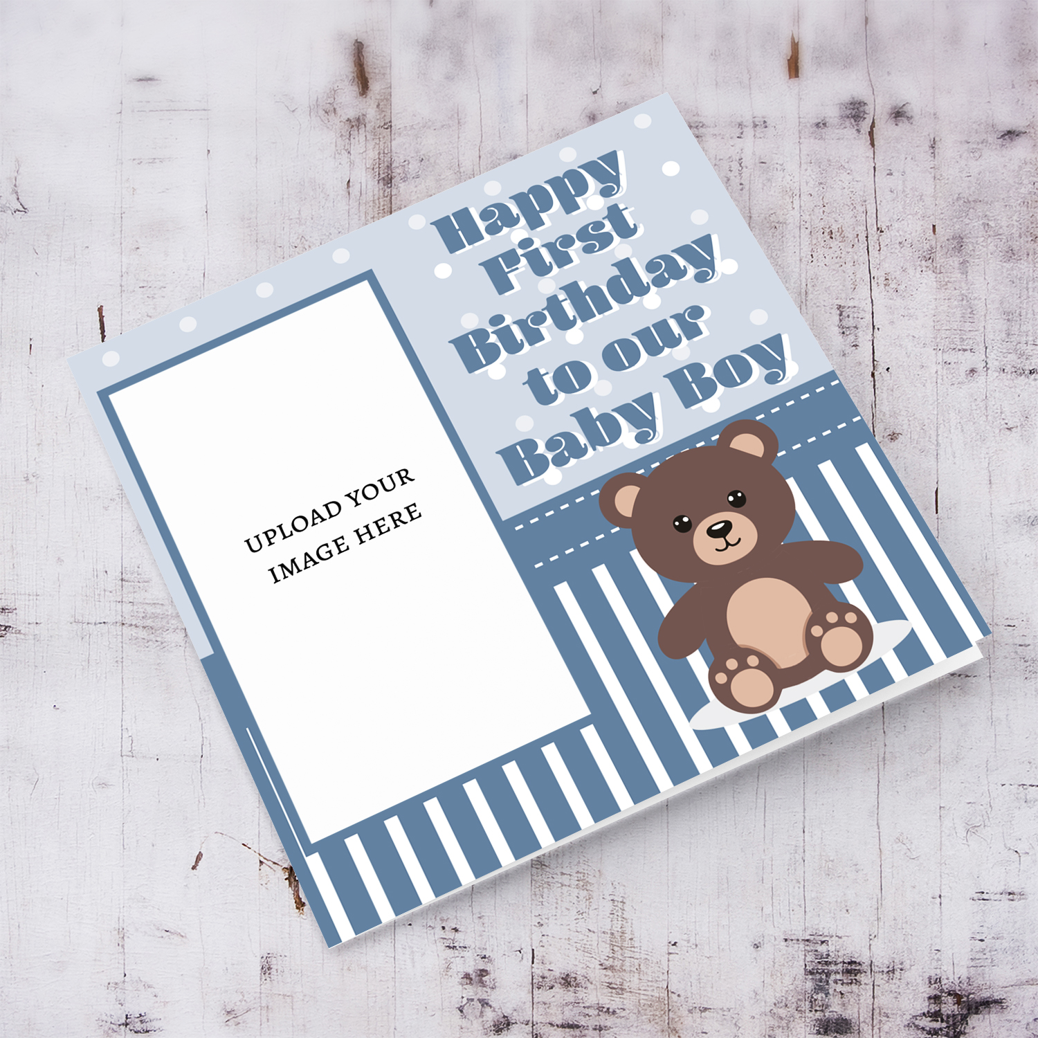 A cute photo card for son's first birthday in spotted light blue background and shades of dark blue and white in English