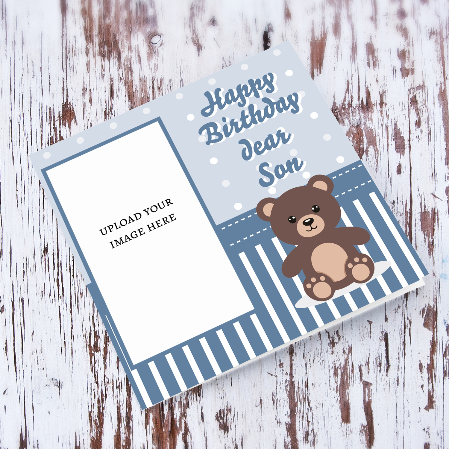 A cute photo card for son's birthday in spotted light blue background and shades of dark blue and white in English