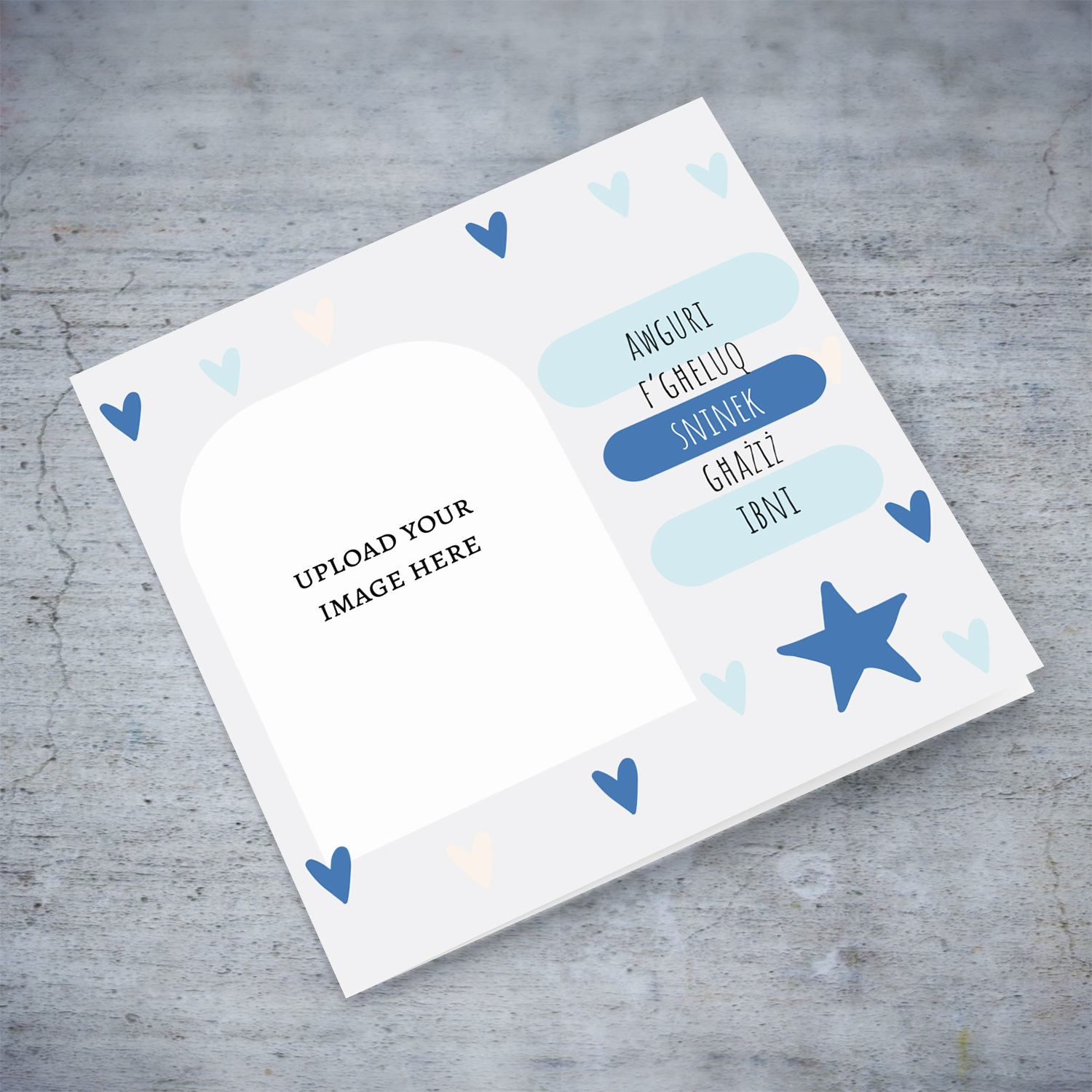 A beautiful modern photo birthday card for son in light grey background, scattered hearts in shades of blue in Maltese