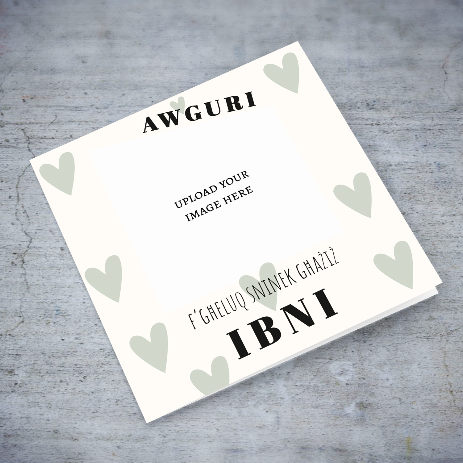 A  photo birthday card for SON in a cream background with scattered pastel green hearts in Maltese