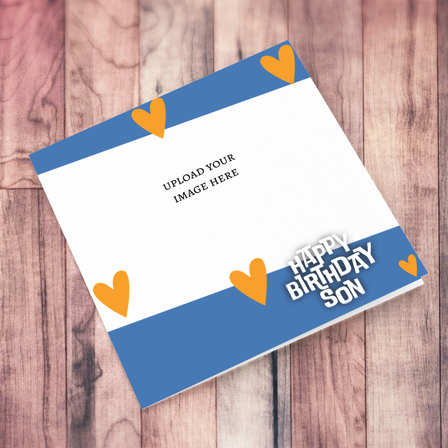 A photo birthday card for SON with touches of blue and orange scattered hearts in English