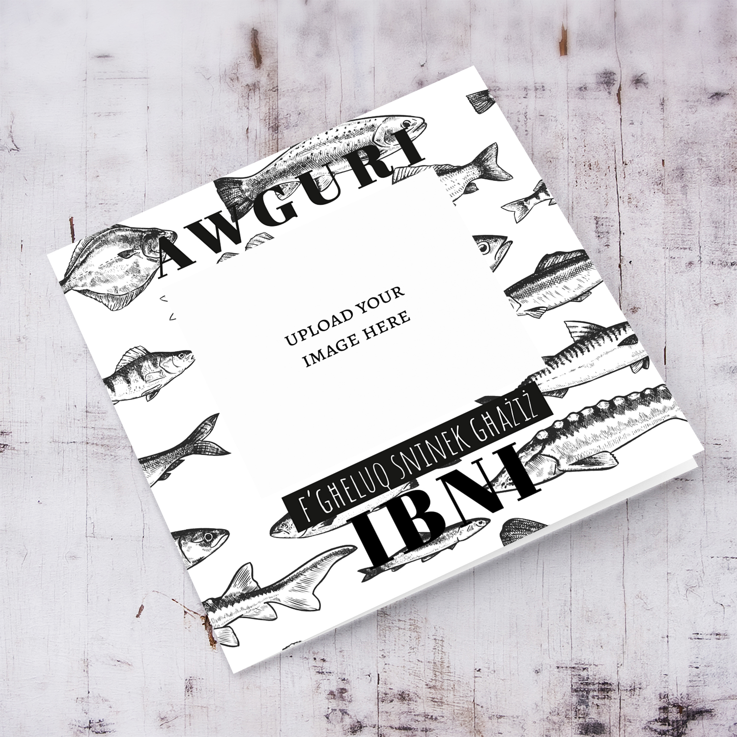 A monochrome fish themed birthday card for son in Maltese