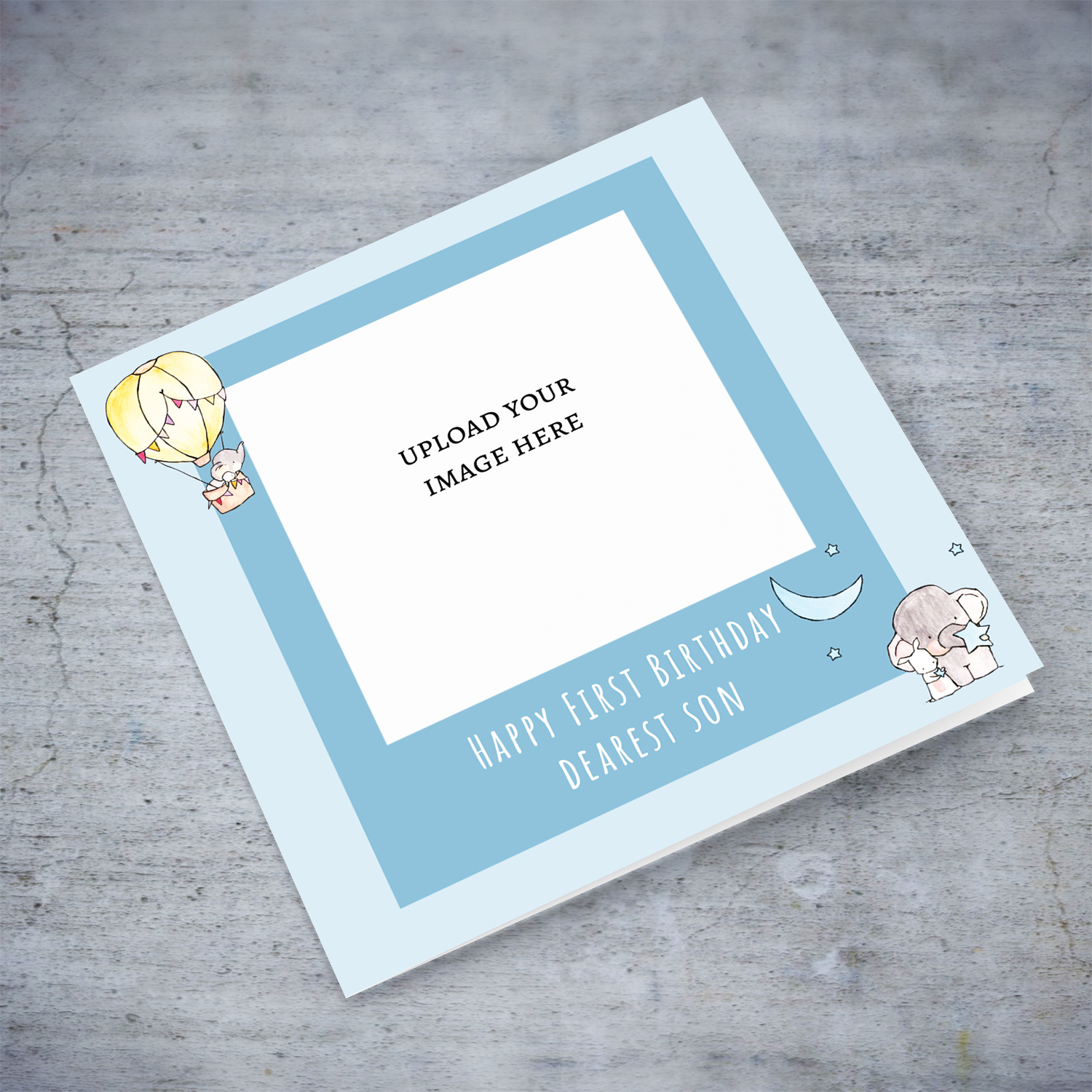 A photo birthday card for son's first birthday with cute elephants in shades of blue background in English