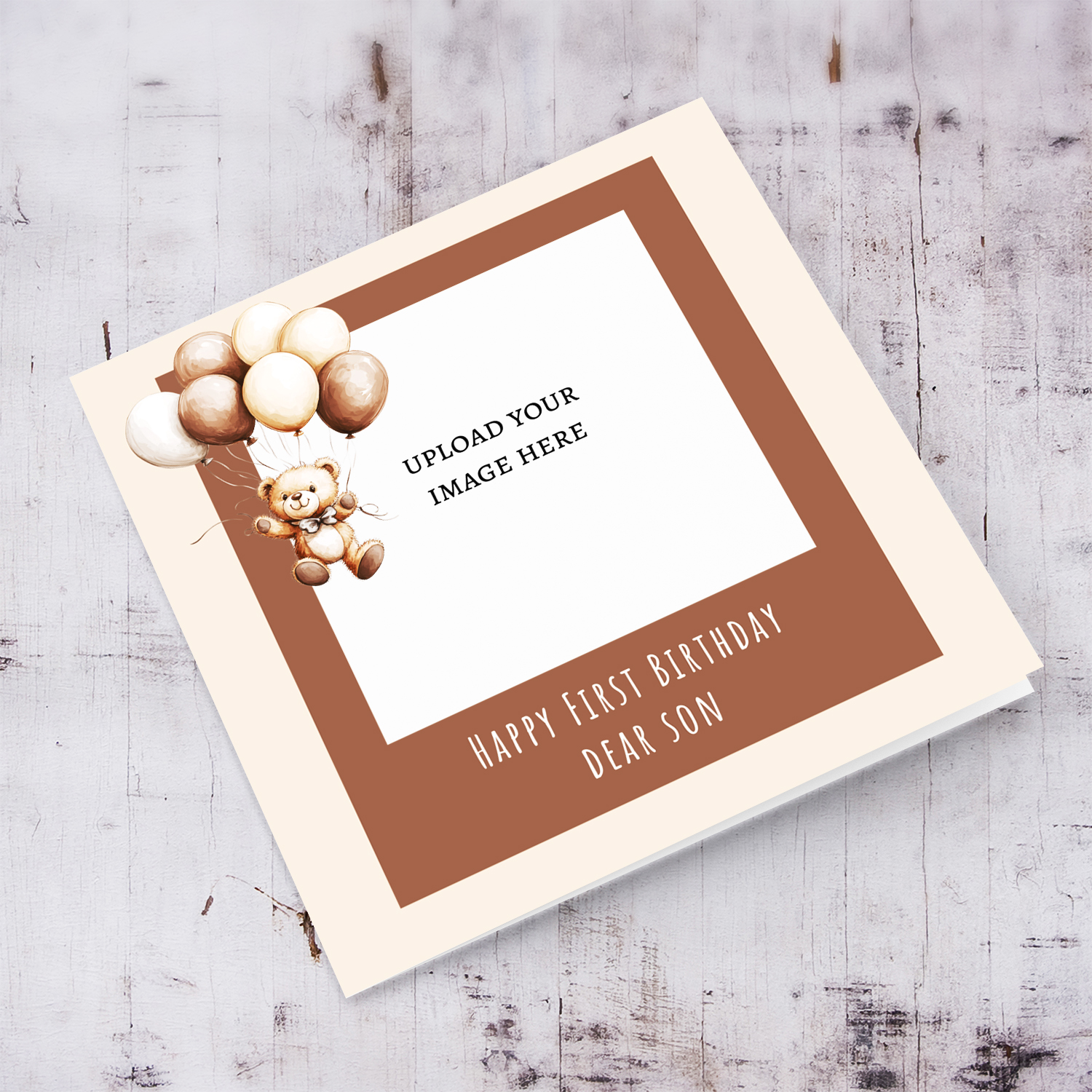 A cute bear themed first birthday card for son in a neutral background in English