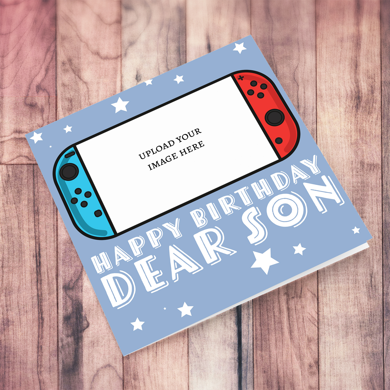 A photo birthday card for son featuring a nintendo cartoon design, in a light blue background with scattered white stars in English