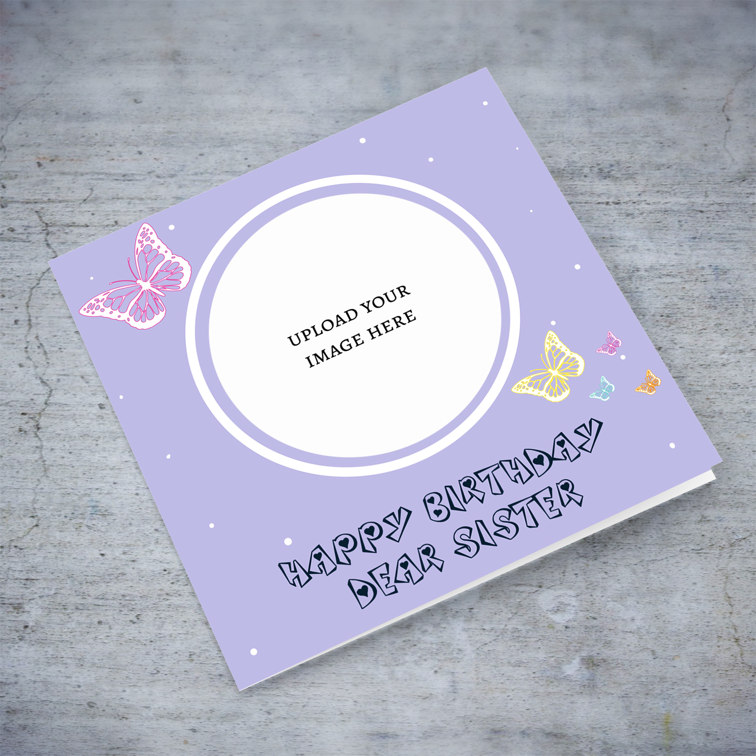 A cute photo birthday card for Sister in a light purple background with colourful butterflies in English