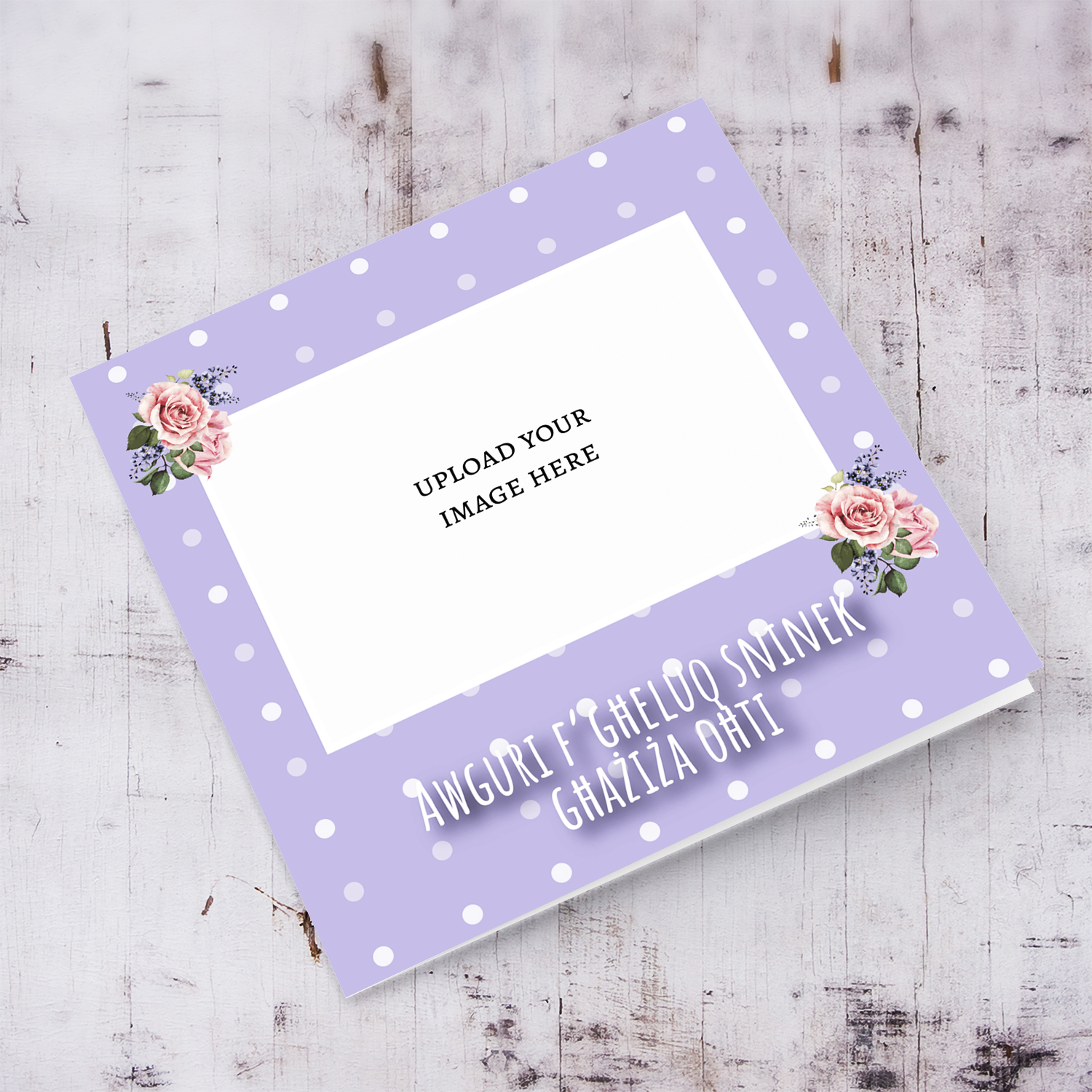 Sister - Photo birthday card for sister with purple dotted background and flowers in Maltese