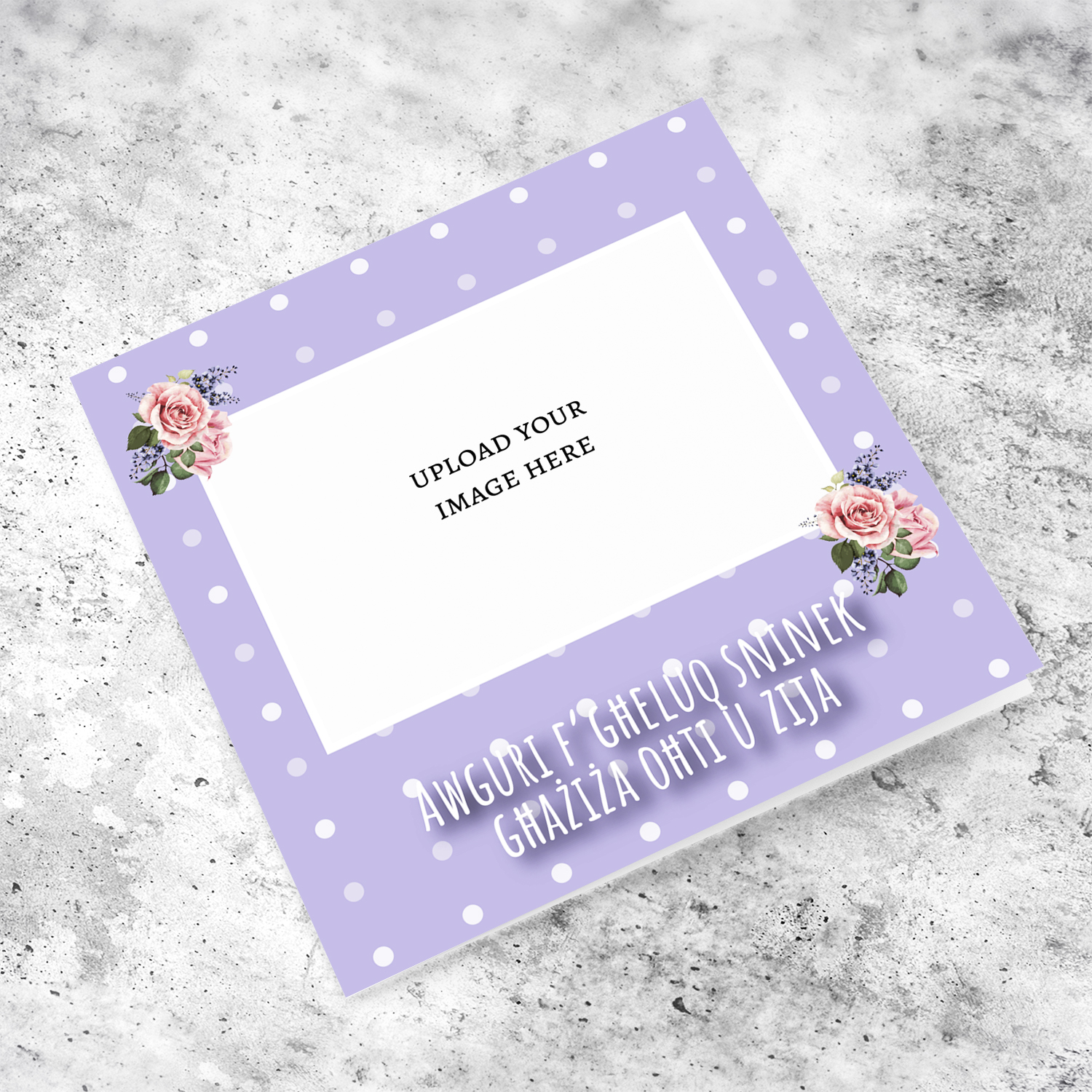 Sister & Aunt - Photo birthday card for sister & aunt with purple dotted background and flowers in Maltese