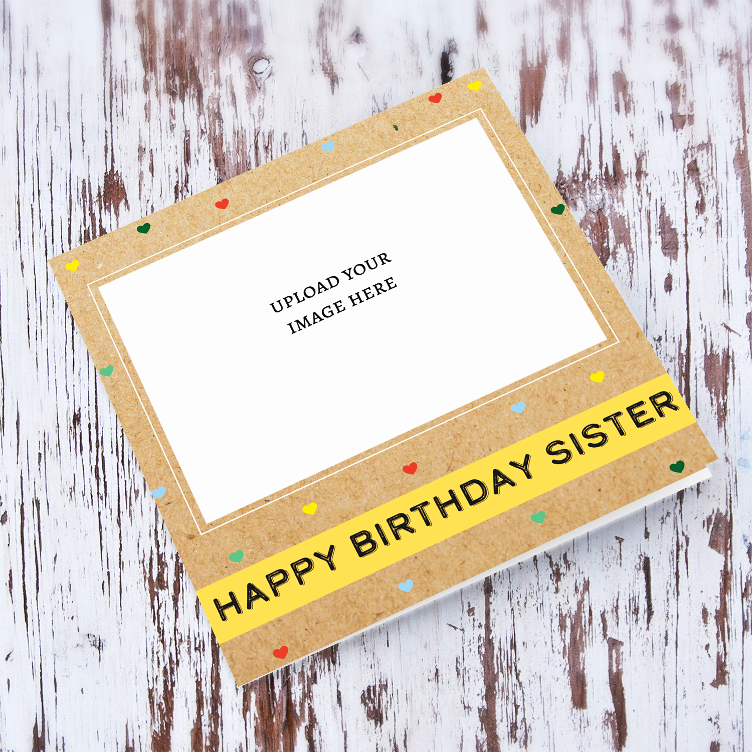 Photo birthday card for Sister with colourful scattered hearts in English