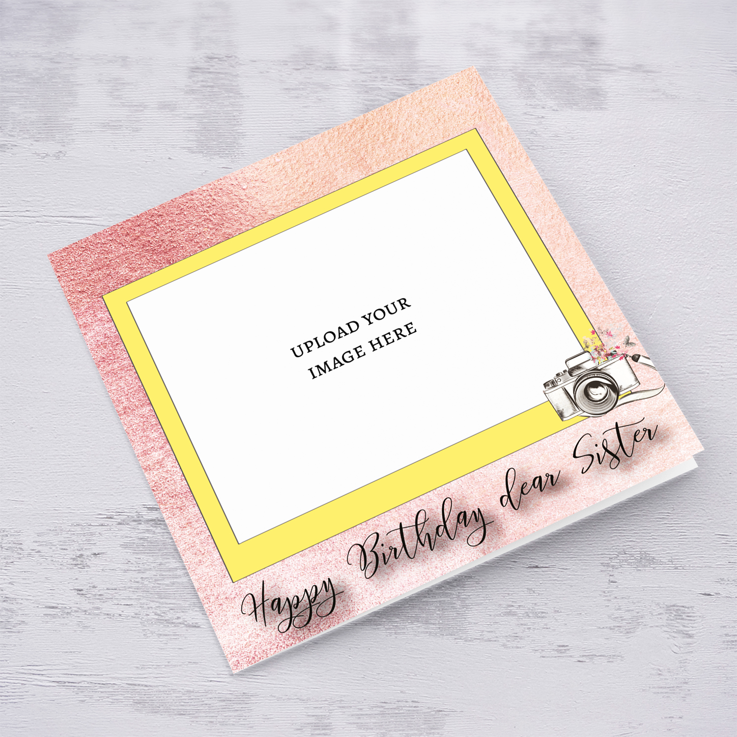 Photo birthday card for Sister in pink background and yellow photo frame in English