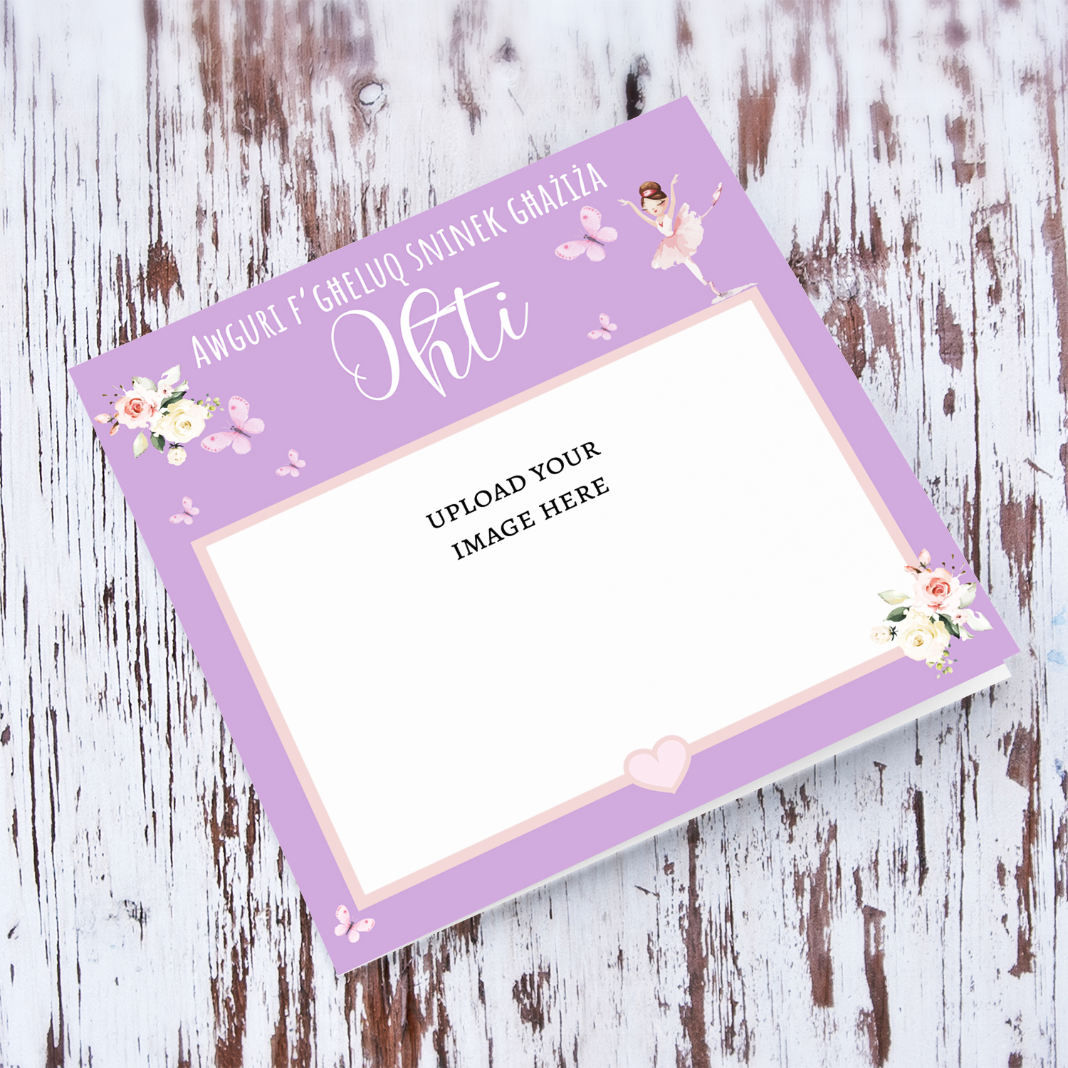 Photo birthday card for sister in purple background, butterflies, flowers and ballerina in Maltese