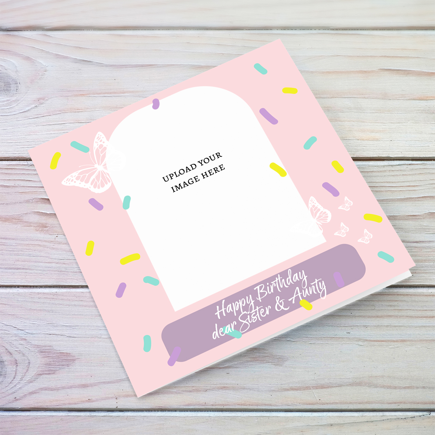 A beautiful photo birthday card for SISTER & AUNTY, in pink background, colourful confetti and scattered white butterflies in English