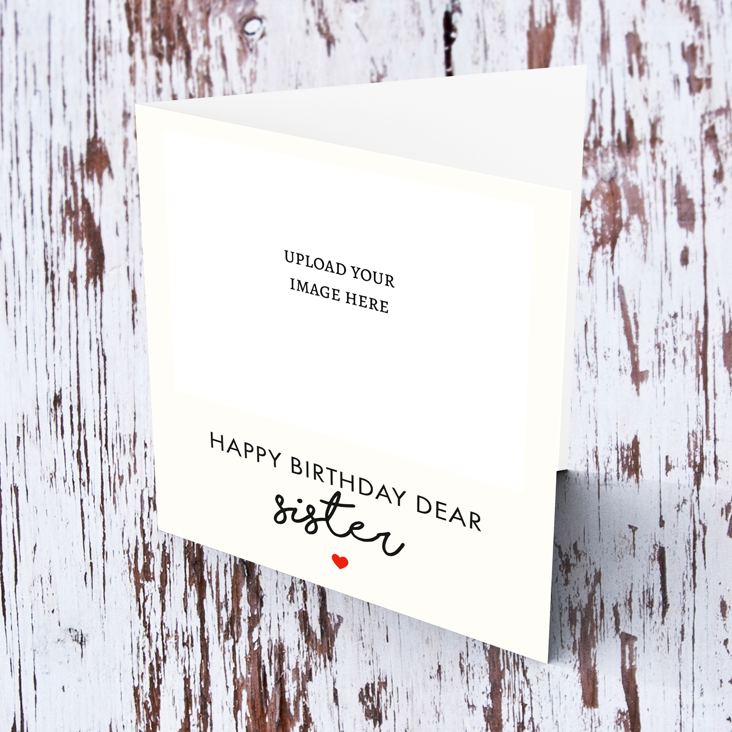 Minimalist photo birthday card for sister with cream background and red heart in English