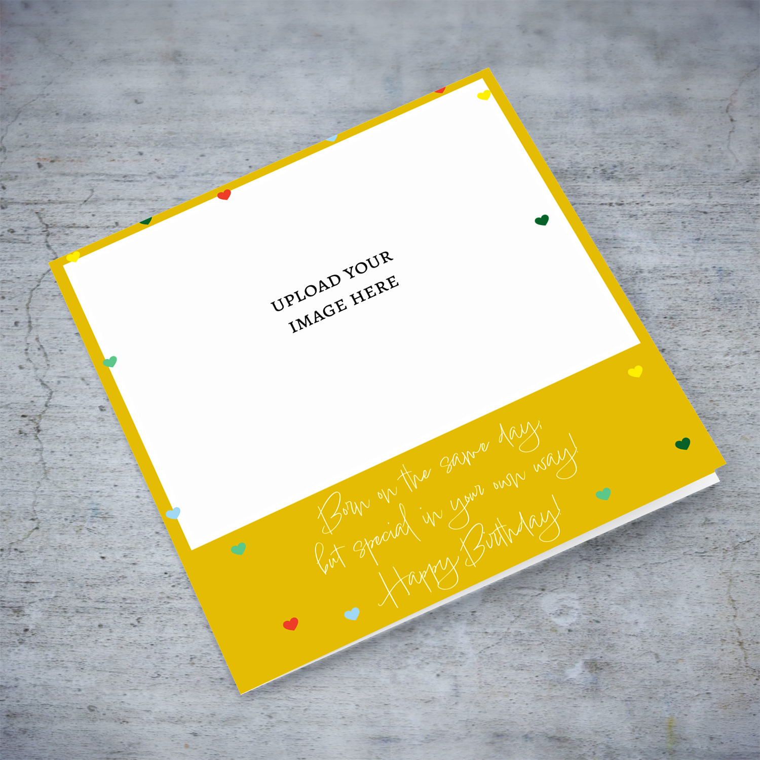 Photo birthday card for twins (unisex & neutral) with a yellow background and scattered hearts in English