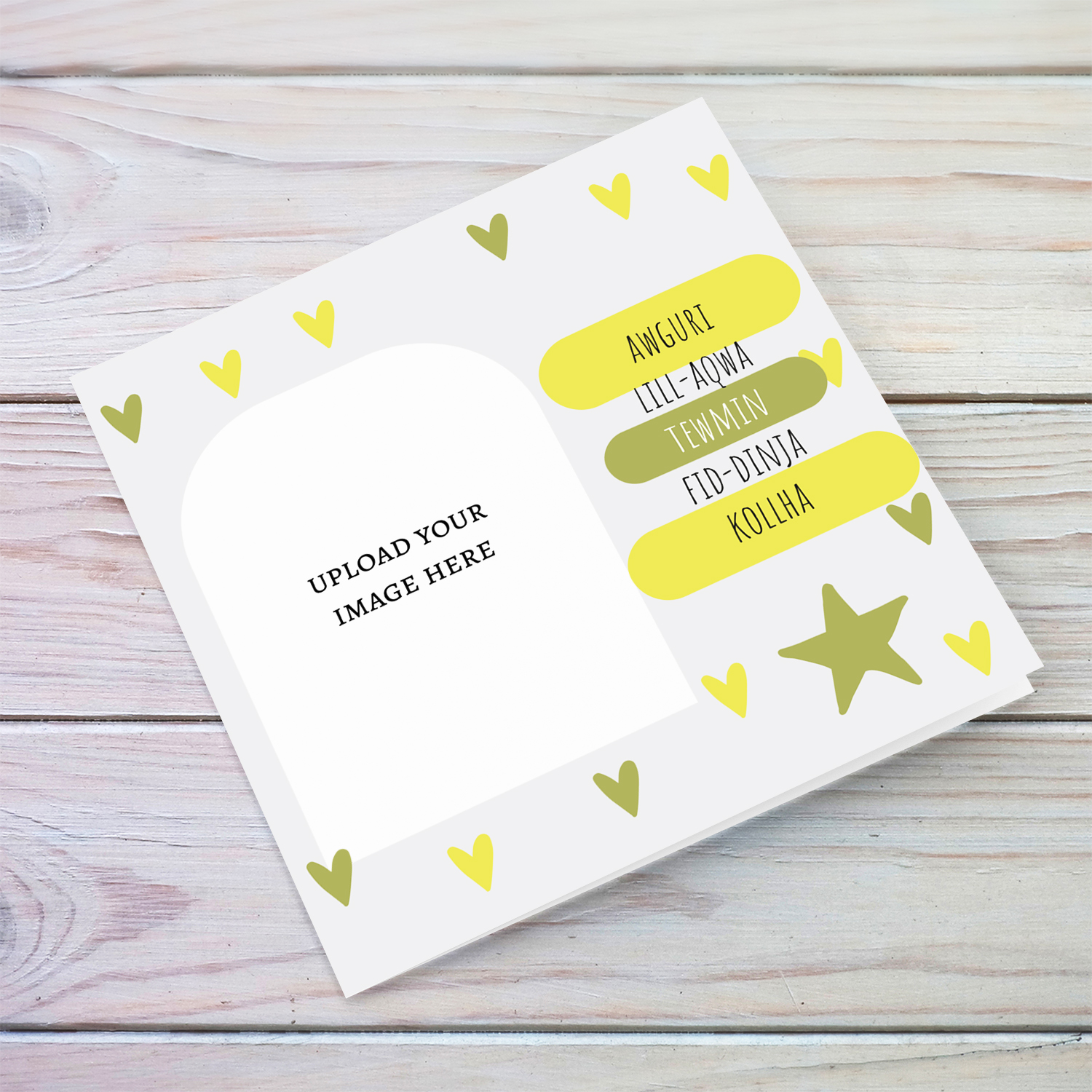 A beautiful modern photo birthday card for beautiful twins in light grey background, scattered hearts in shades of yellow and olive green in Maltese (neutral colours and unisex)