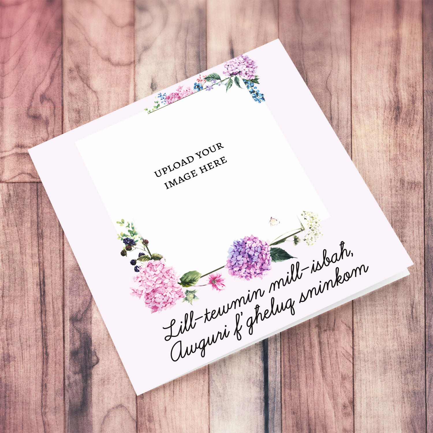 Light pink background photo birthday card for twin girls with hydrangeas flowers in Maltese