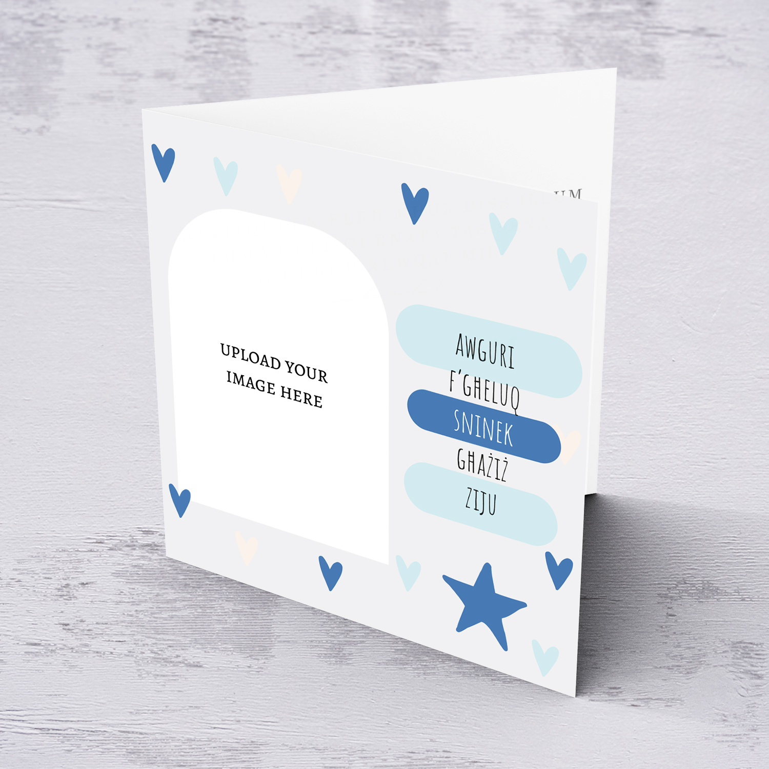 A beautiful modern photo birthday card for Uncle in light grey background, scattered hearts in shades of blue in Maltese 