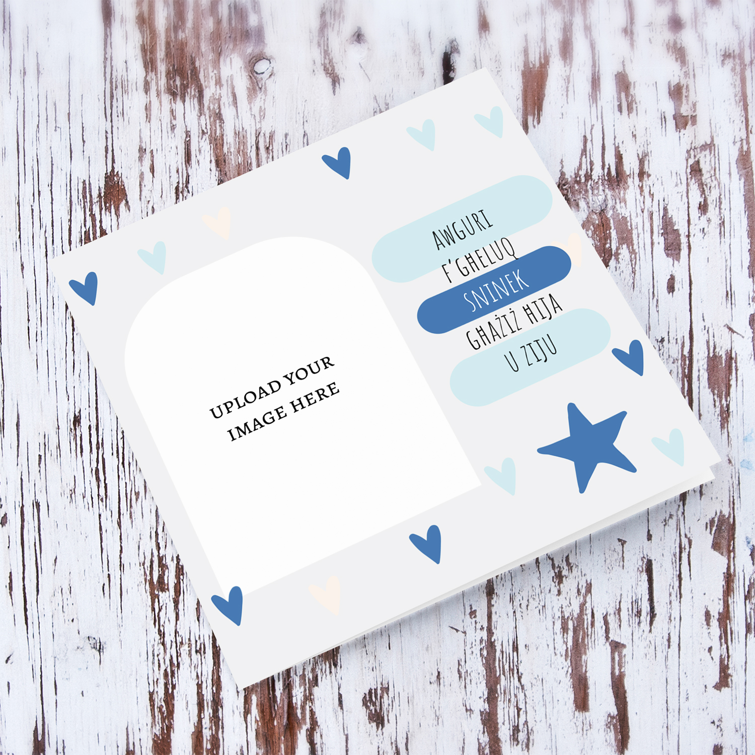 A beautiful modern photo birthday card for brother & uncle in light grey background, scattered hearts in shades of blue in Maltese (2 in 1)