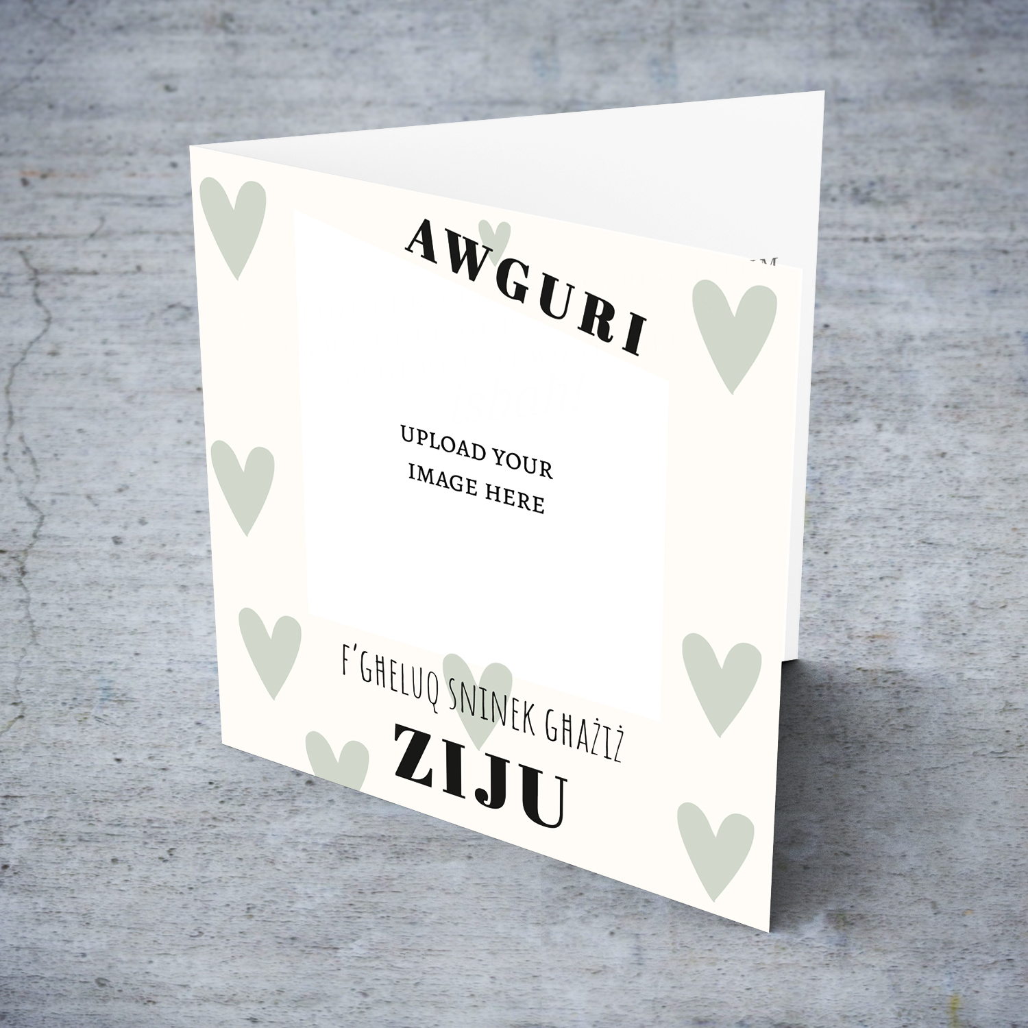  photo birthday card for UNCLE  in a cream background with scattered pastel green hearts in Maltese