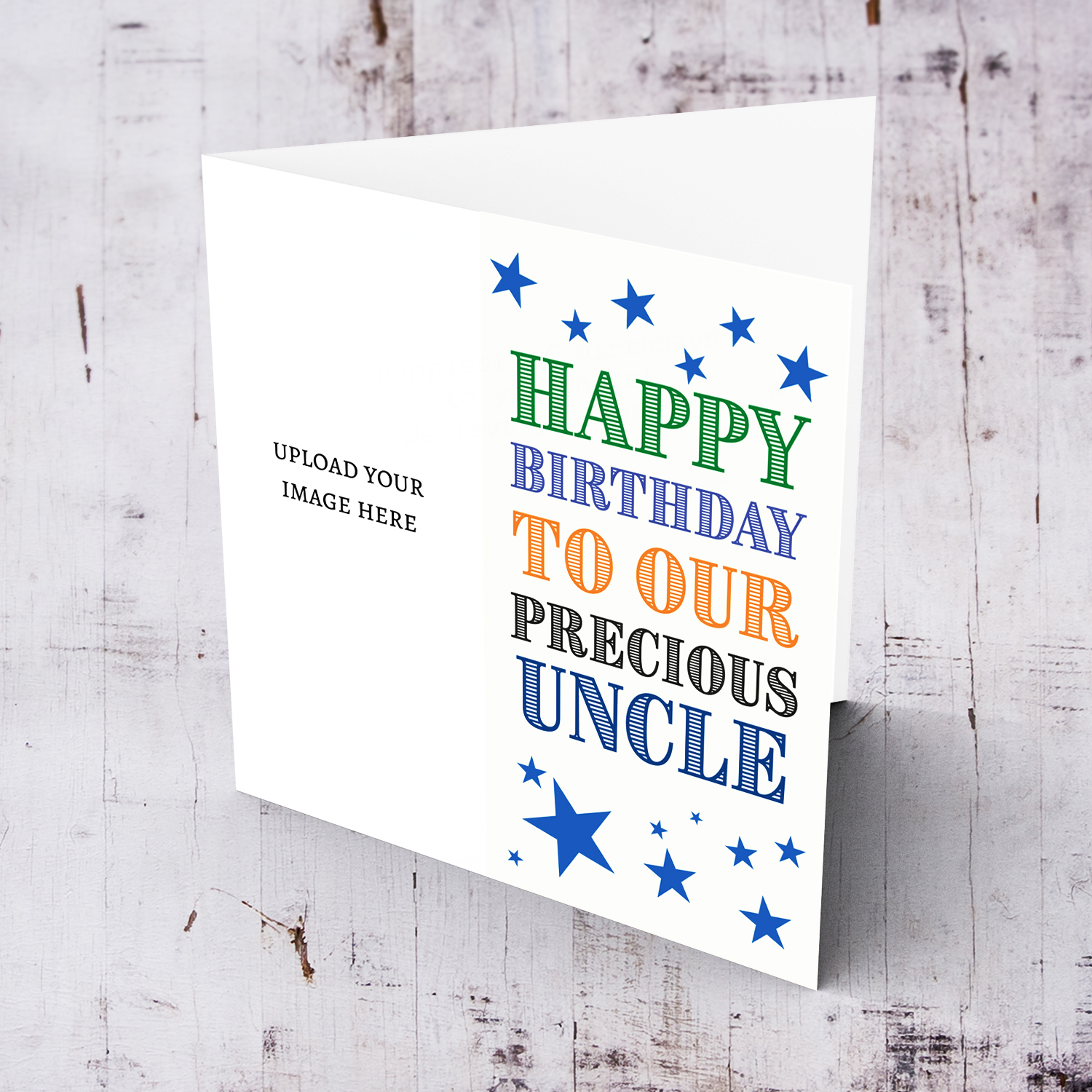 A portrait photo birthday card in colourful text for uncle with scattered blue stars in English 