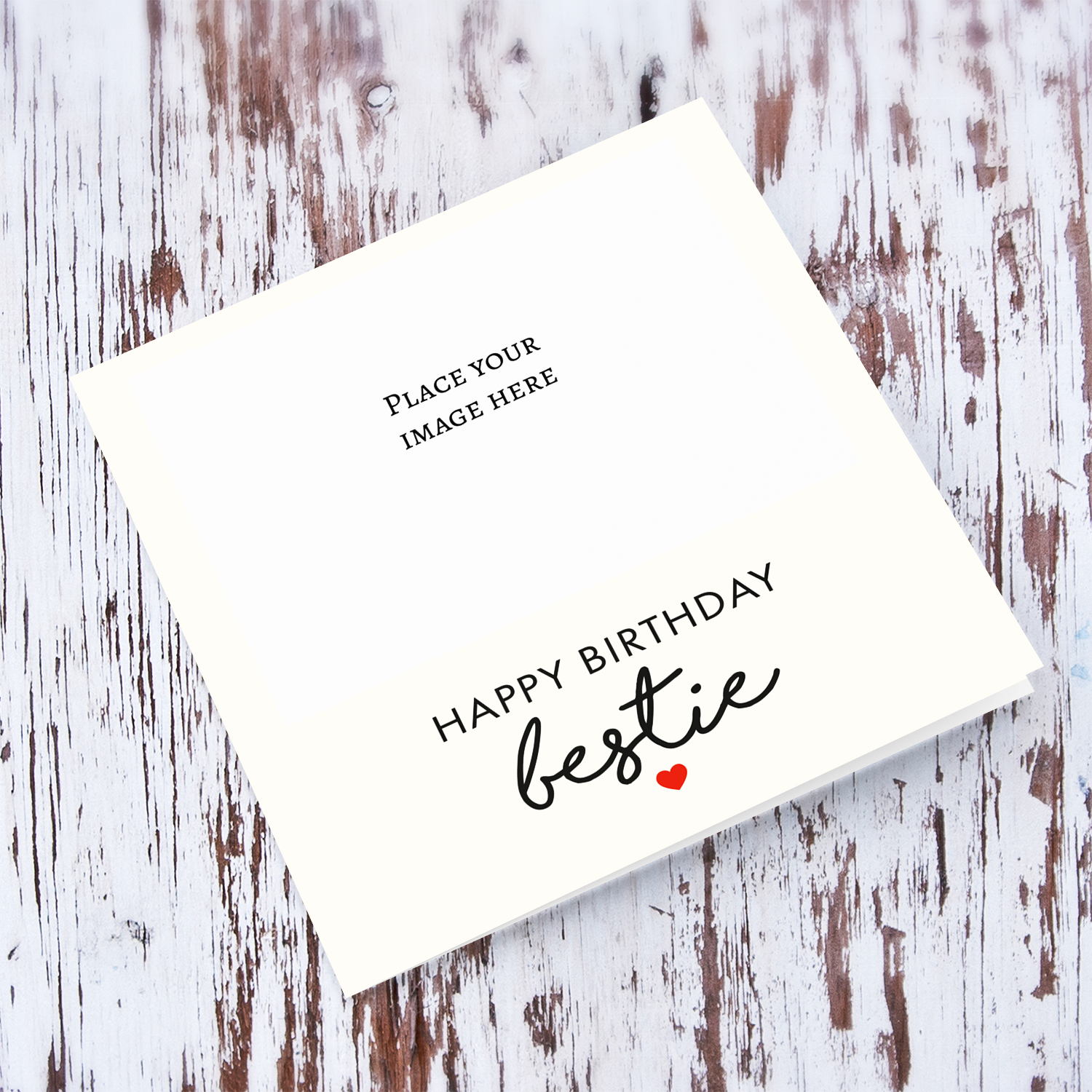 Minimalist photo birthday card for bestie with cream background and red heart in English