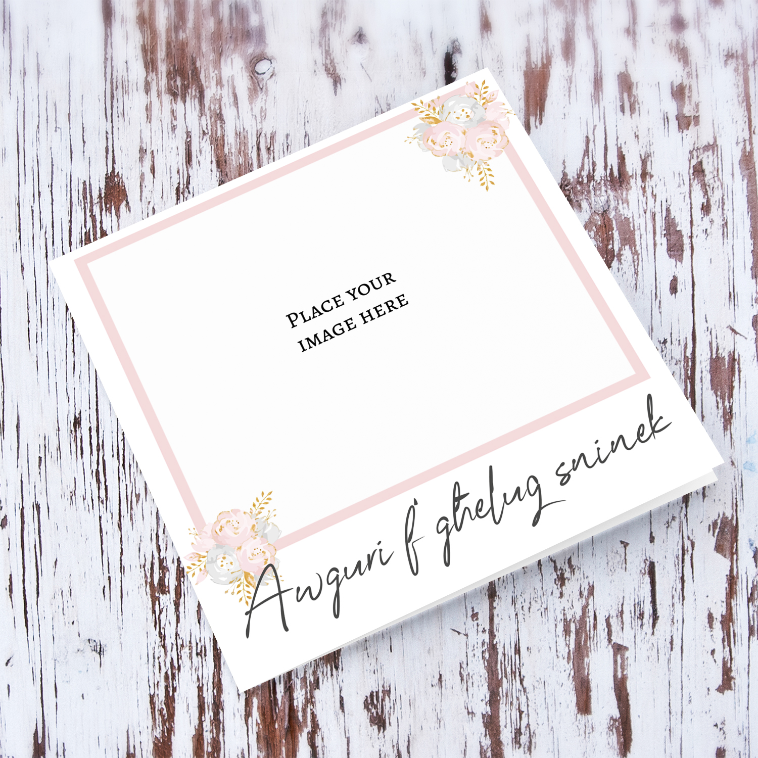 Photo birthday card in white background, and pink border and florals in Maltese