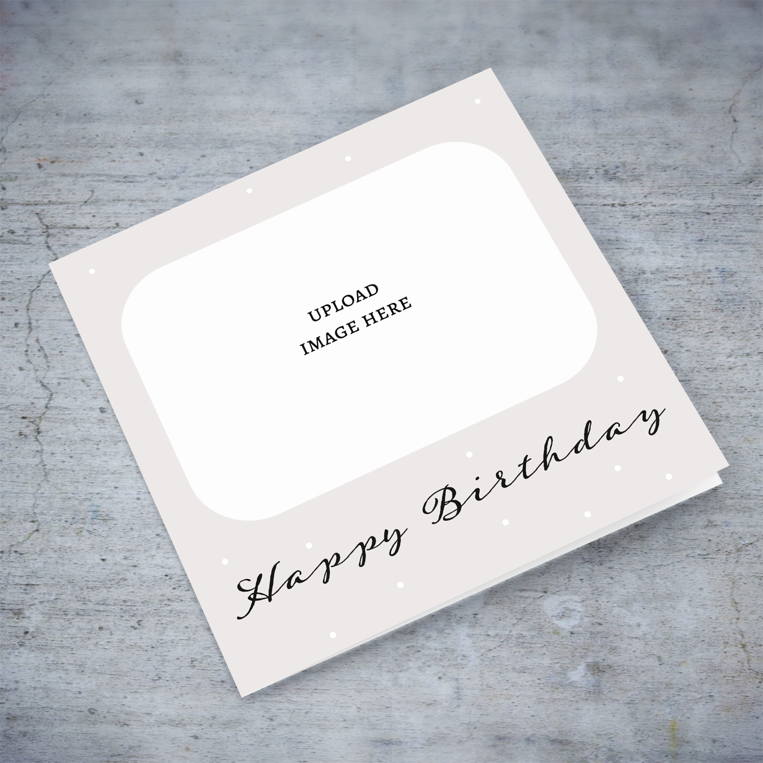 Neutral photo birthday card with white dots in English