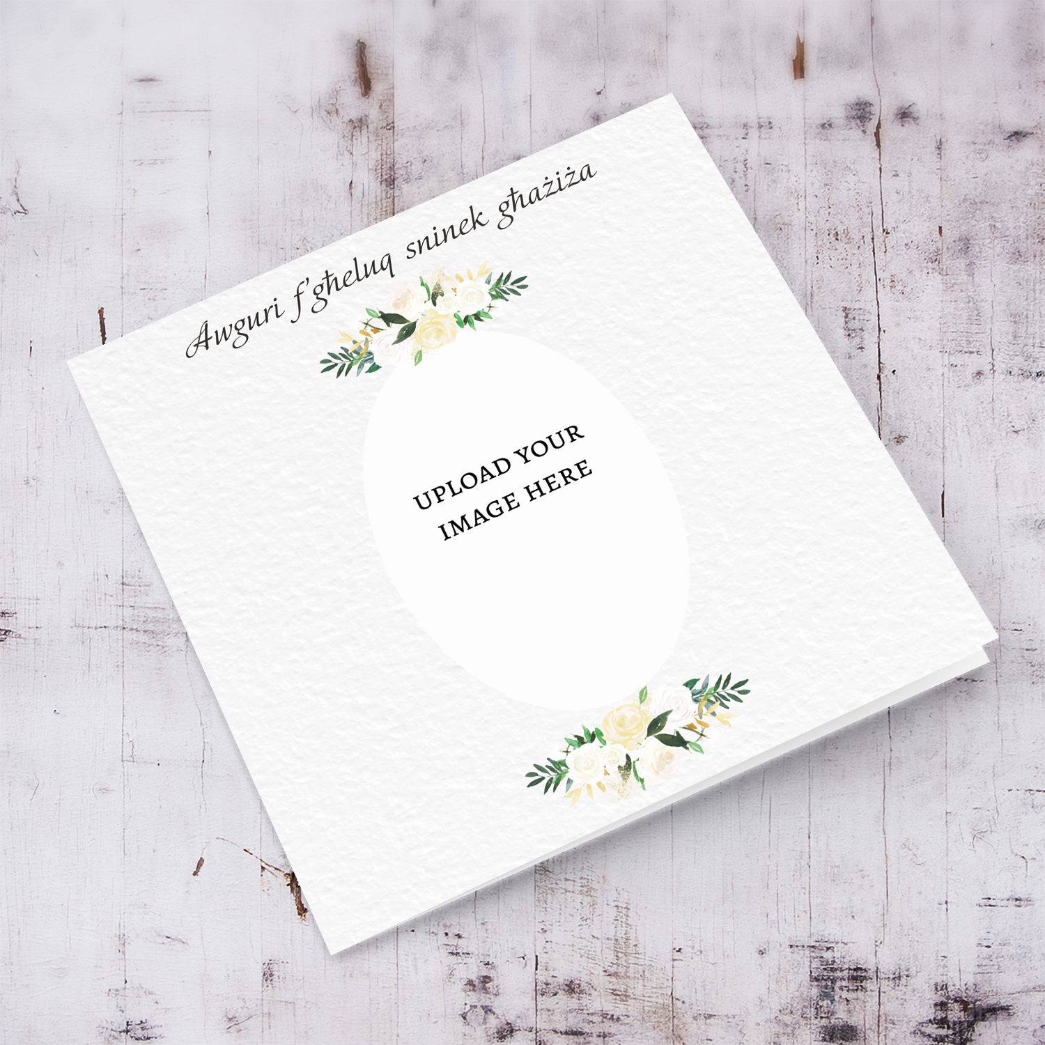 A petite photo birthday card for someone dear with white florals in Maltese