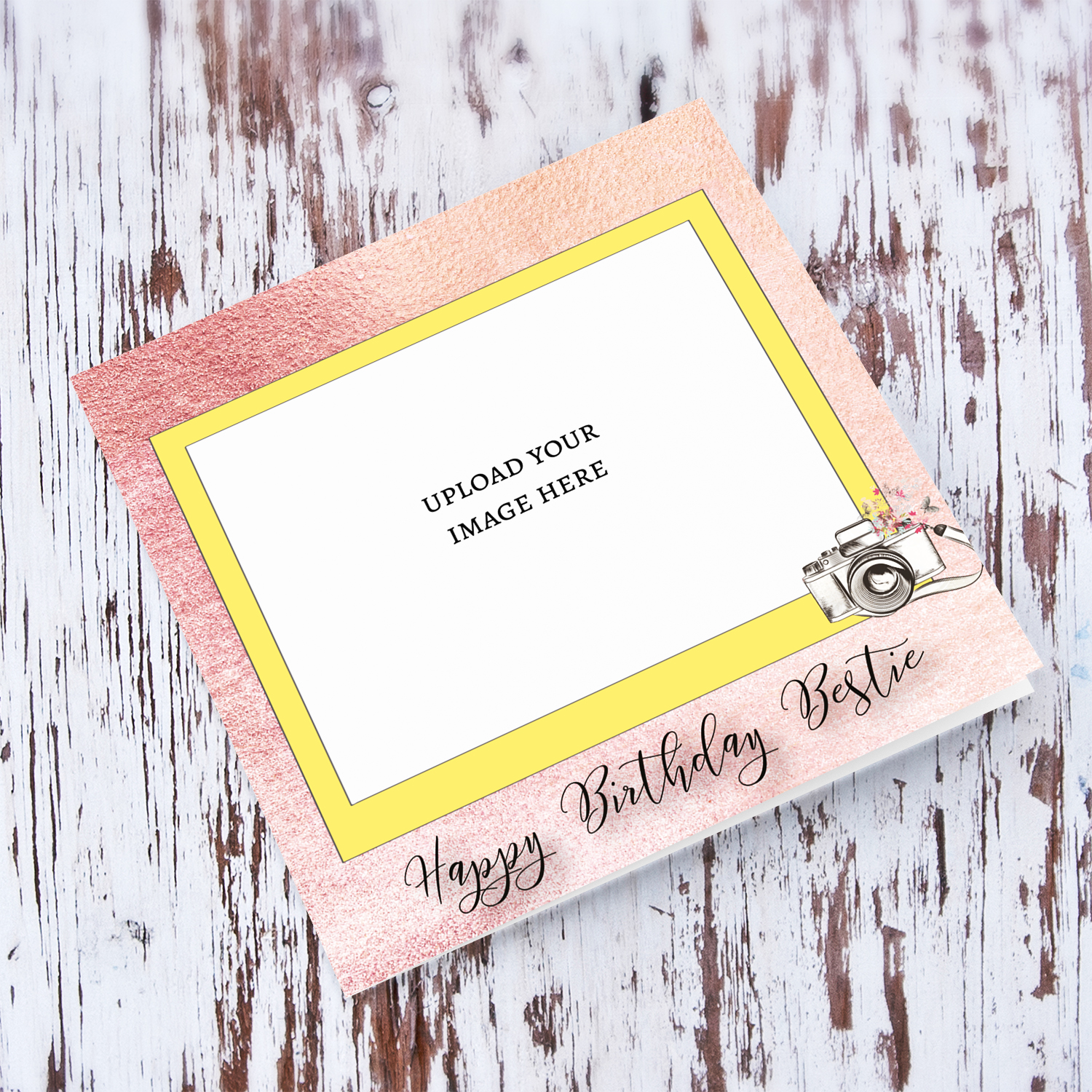 Photo birthday card for your Bestie in pink background and yellow photo frame in English