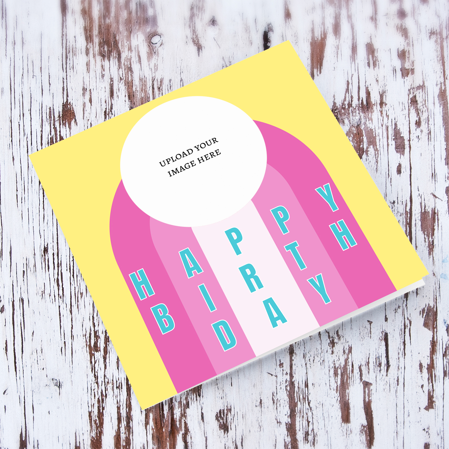 Photo birthday card with shades of pink and turquoise text in English