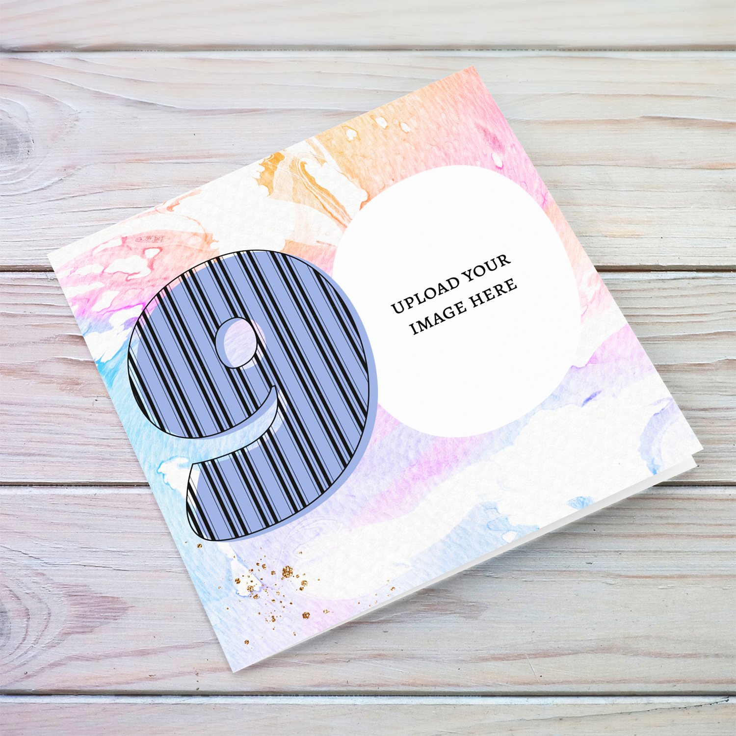 Open photo card in a colourful background for 90th birthday with a blank message inside
