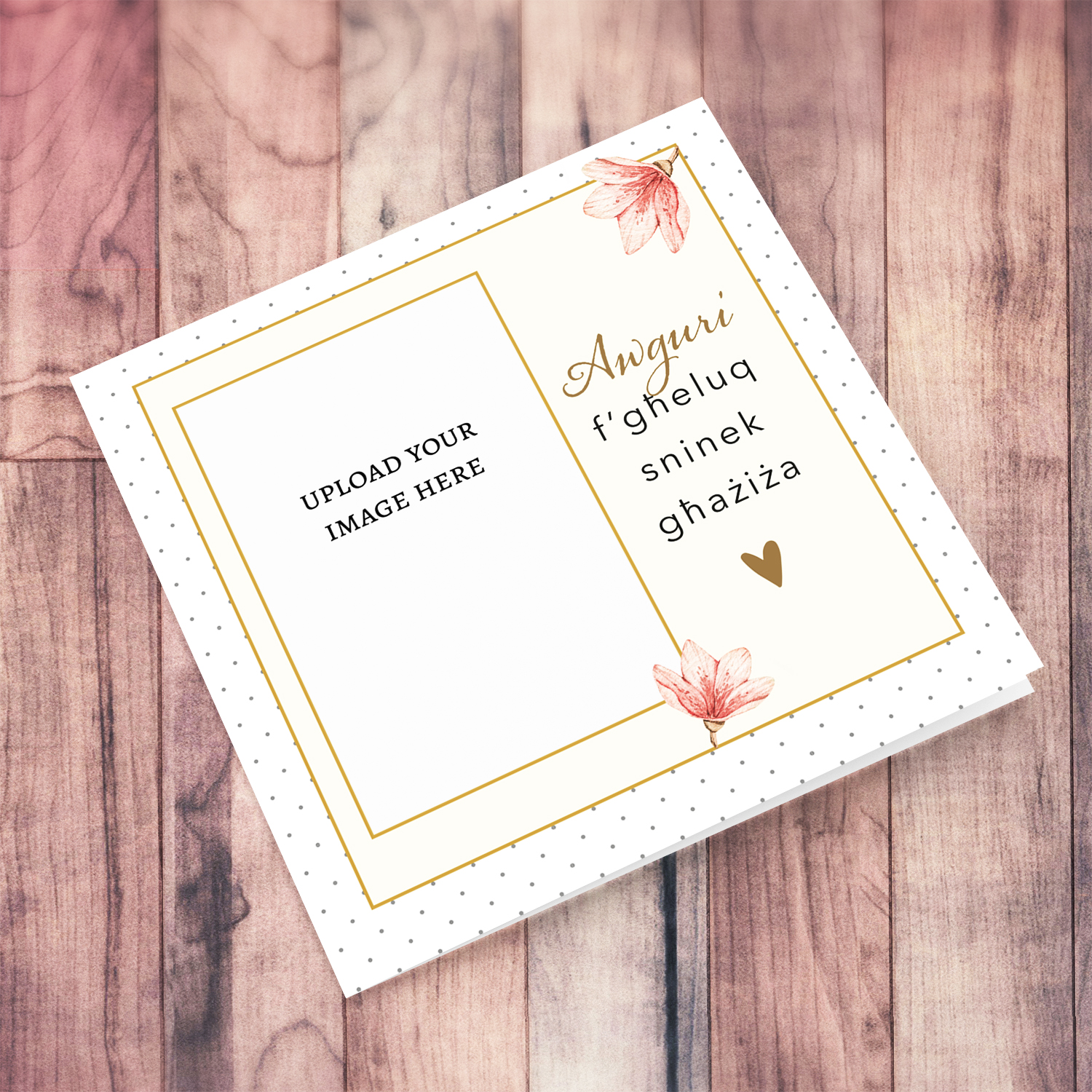 Elegant and dainty photo birthday card in polka dot background with petite flowers and touches of gold in Maltese