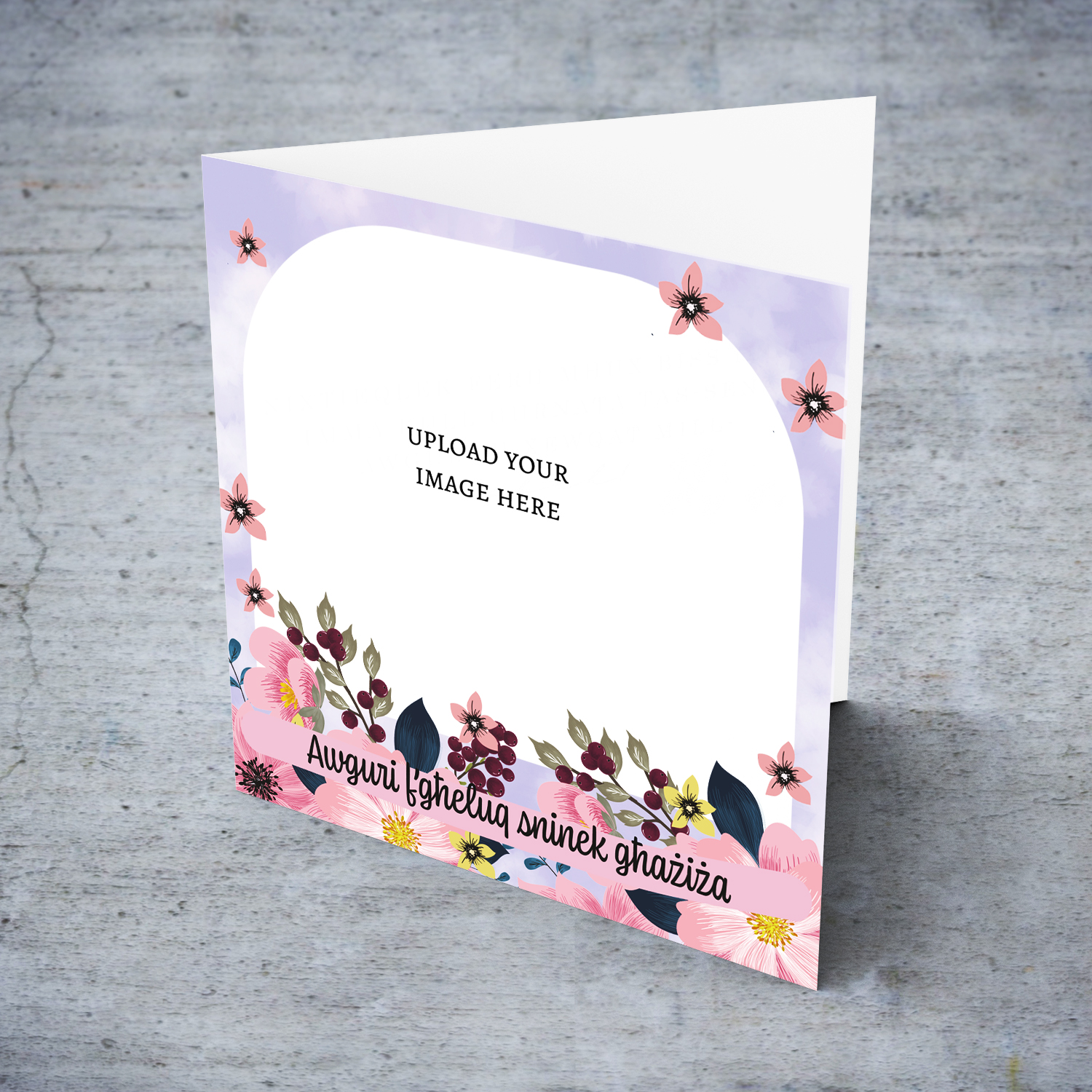 A beautiful photo card in purple background, featuring florals on the bottom - to someone dear in Maltese
