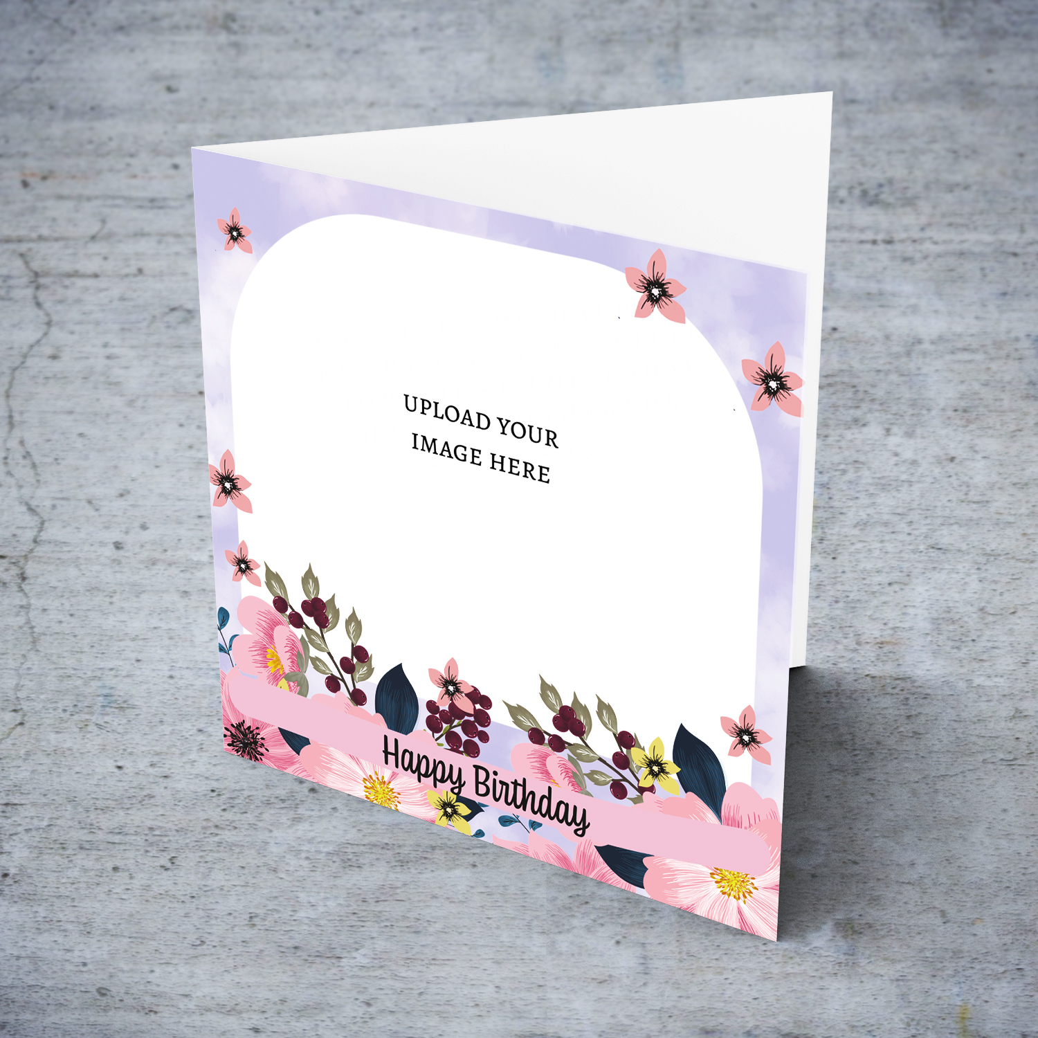 A beautiful photo card in purple background, featuring florals on the bottom in English
