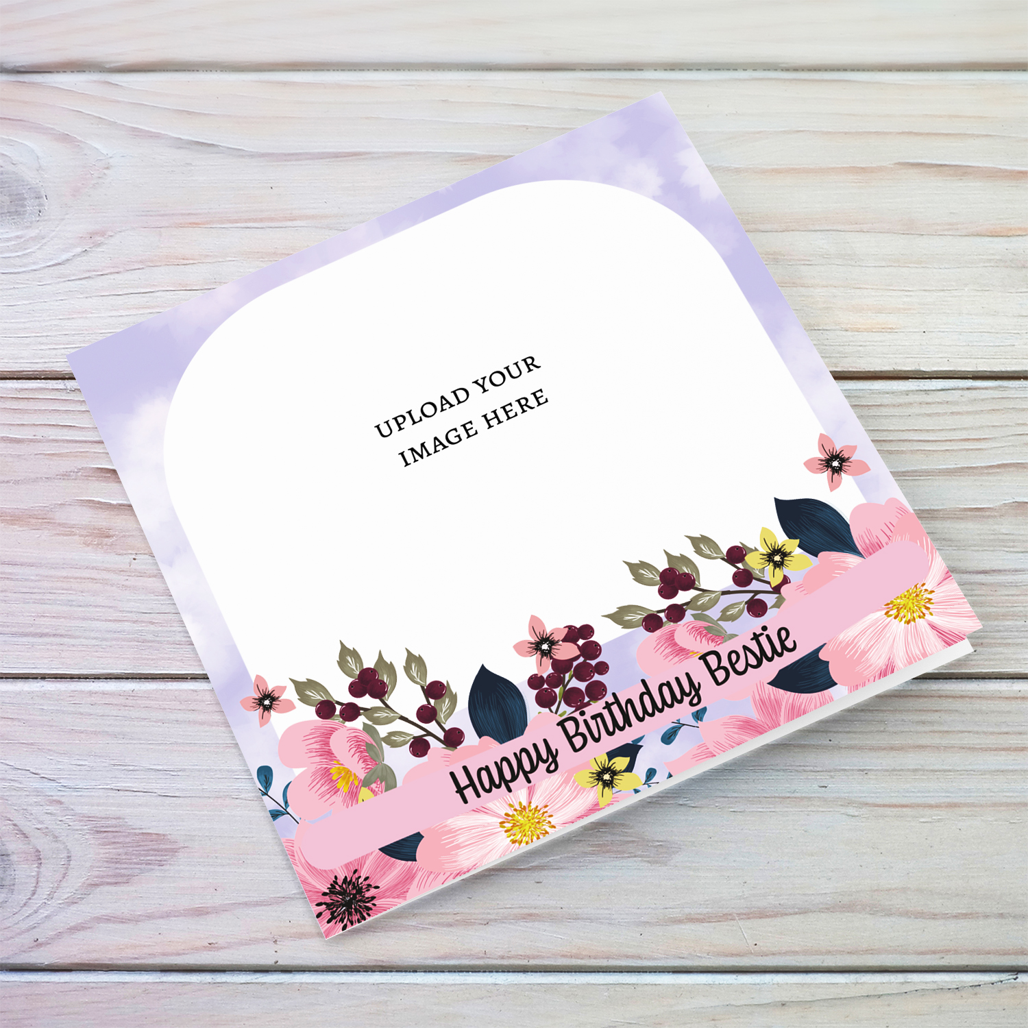 A beautiful photo card in purple background, featuring florals on the bottom - to bestie in English