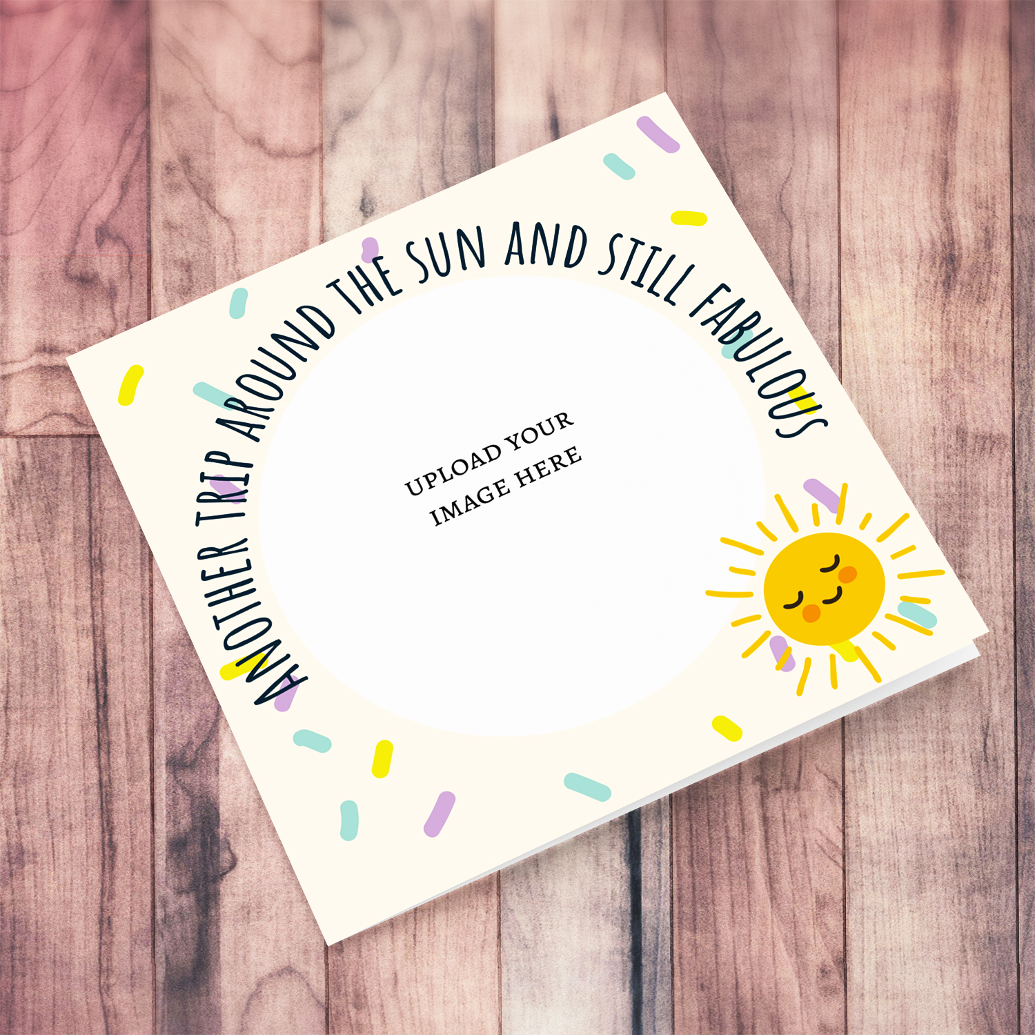 Cute open birthday card featuring a smiling sun and colourful scattered confetti in English (Unisex and neutral)