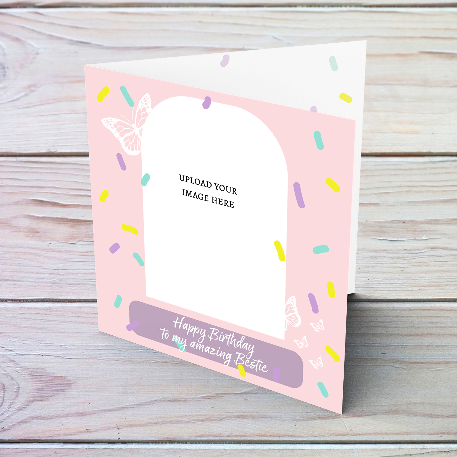A beautiful photo birthday card for bestie / best friend, in pink background, colourful confetti and scattered white butterflies in English