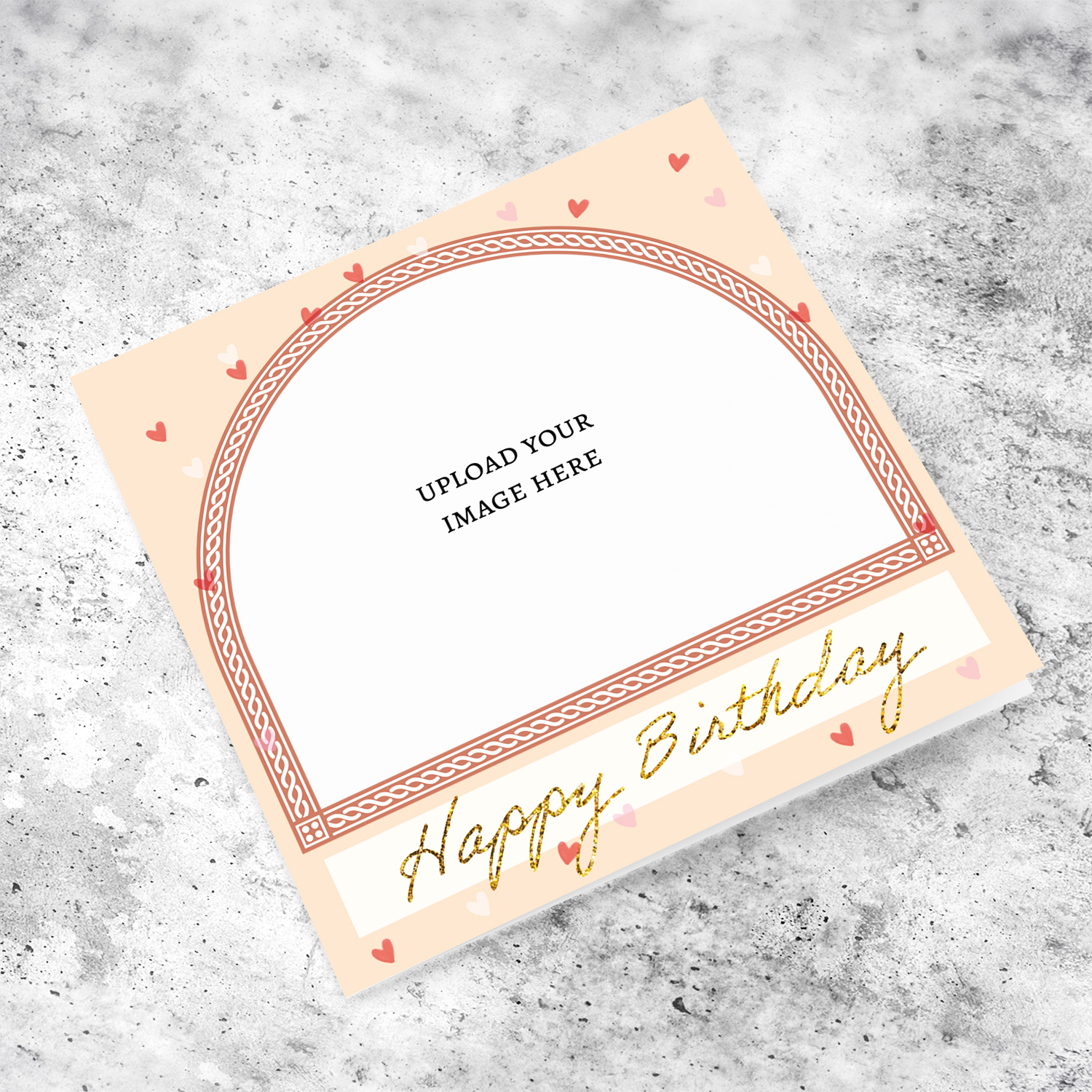 A beautiful birthday card, in a light pastel background, scattered hearts and glitter print in English
